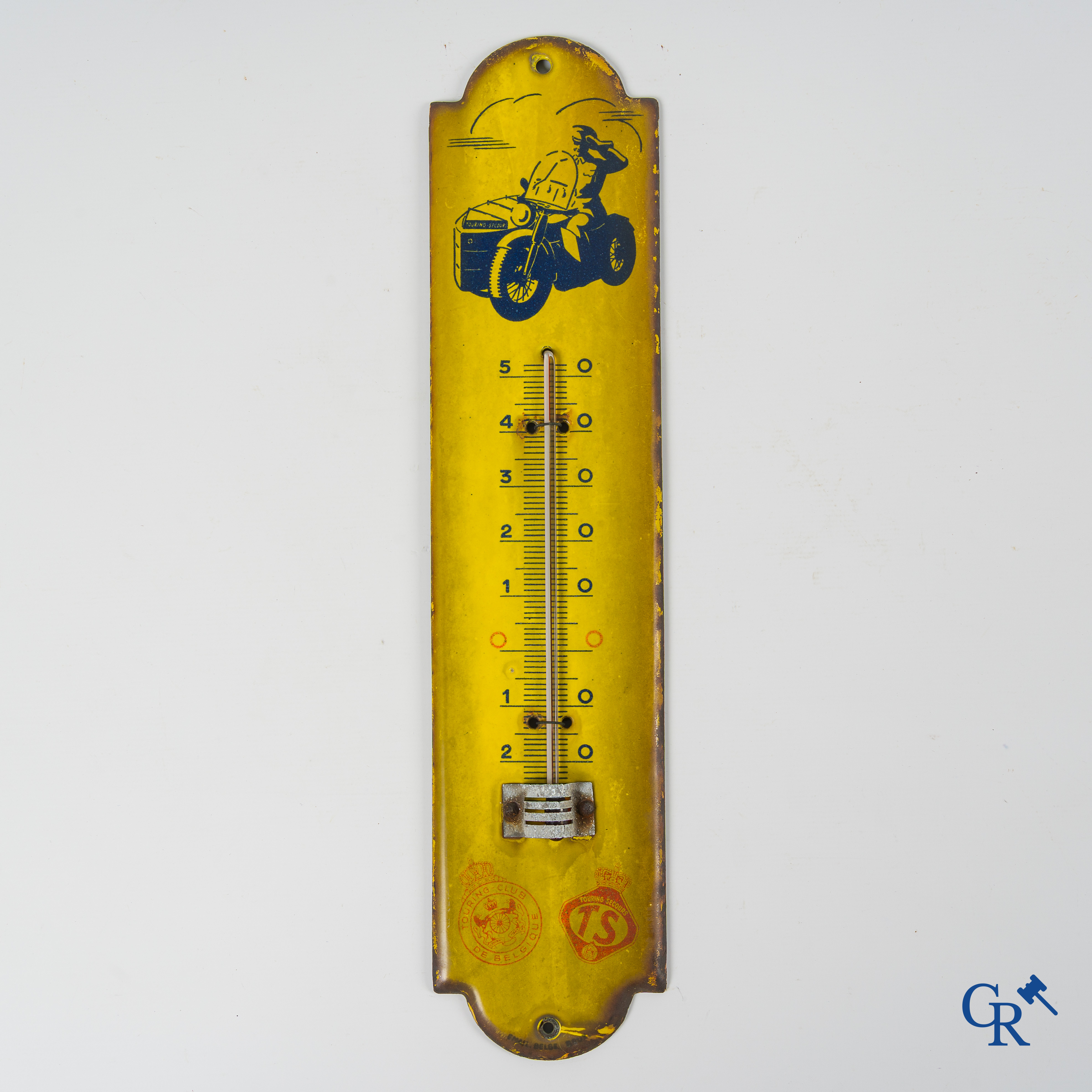 Touring road assistance from Belgium. Enamel publicity thermometer for Touring Club. Emaillerie Belge.