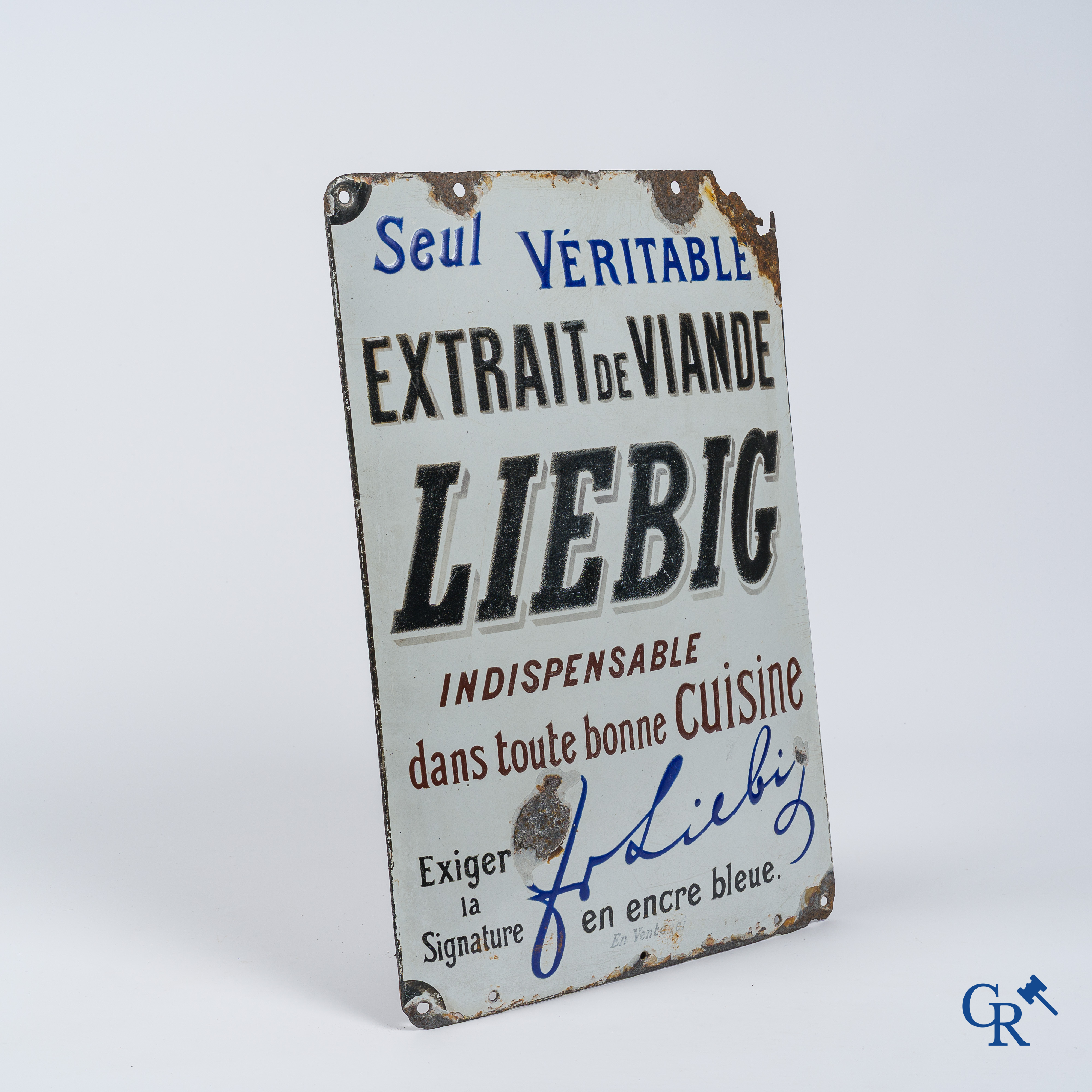 Liebig, Rare set of 2 enamel advertising signs suspended from a cast iron ox-shaped bracket. Around 1900.