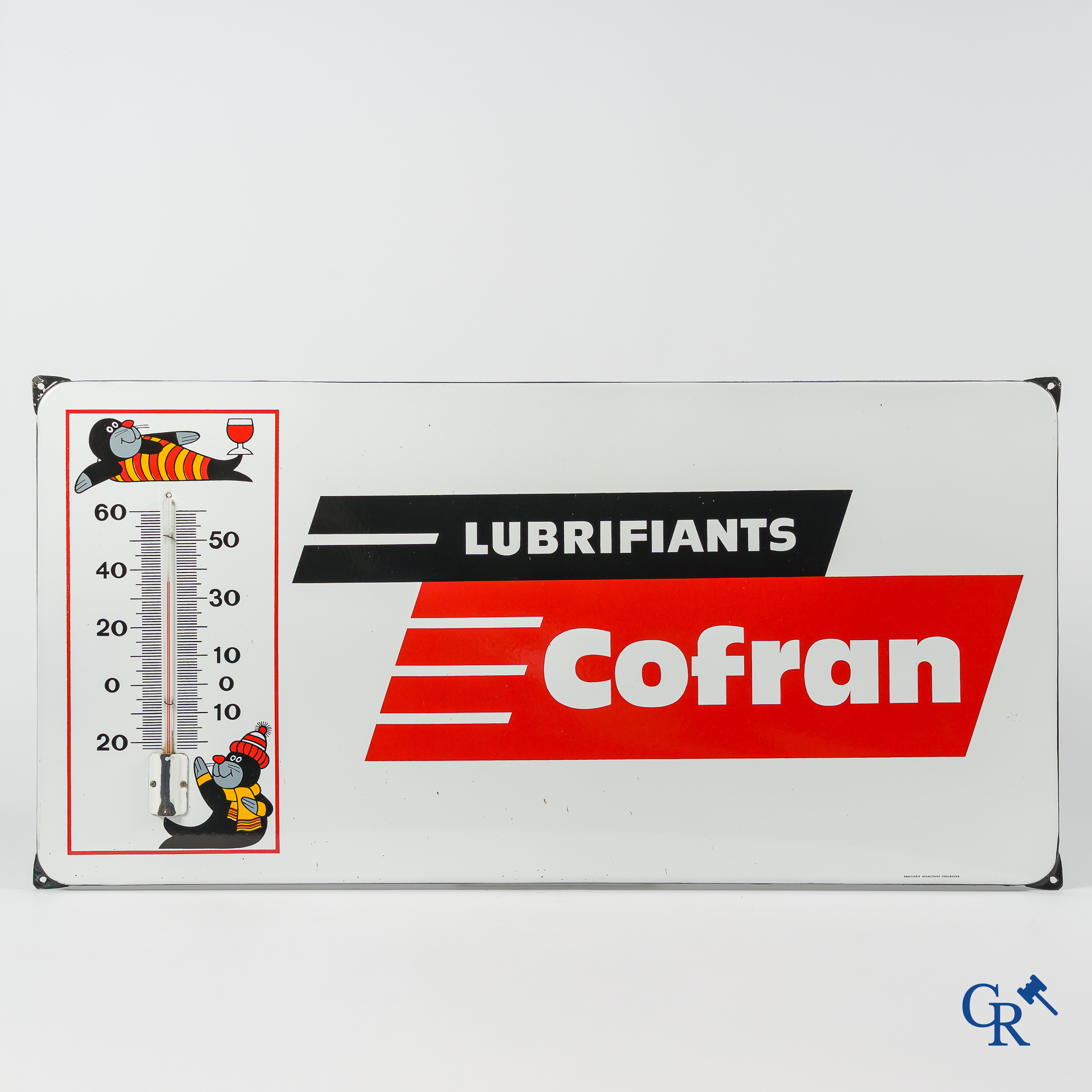 Lubrifiants Cofran. Enamel advertising sign with integrated thermometer for car lubricants Cofran. 1960's.