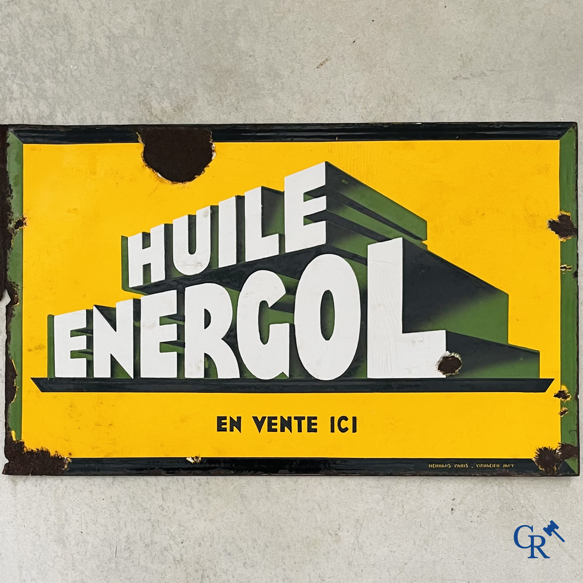 Huile Energol, en vente ici. Double-sided enamel advertising signboard for BP Energol Oil. 1930's.