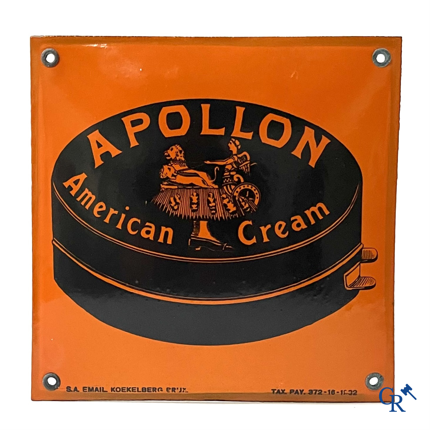 Apollon, American Cream. Enamel advertising sign for shoe polish. S.A. email. Koekelberg Bruxelles. 1932.