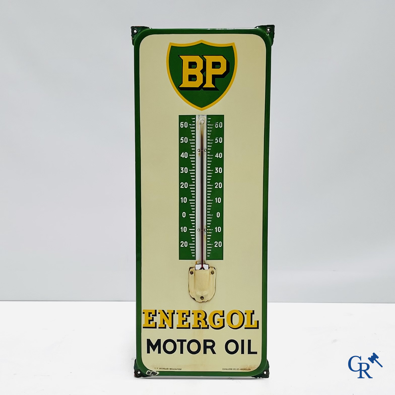 BP Motor Oil. Enamel advertising sign with integrated thermometer for BP motor oil. Emaillerie Belge Bruxelles, 1952.
