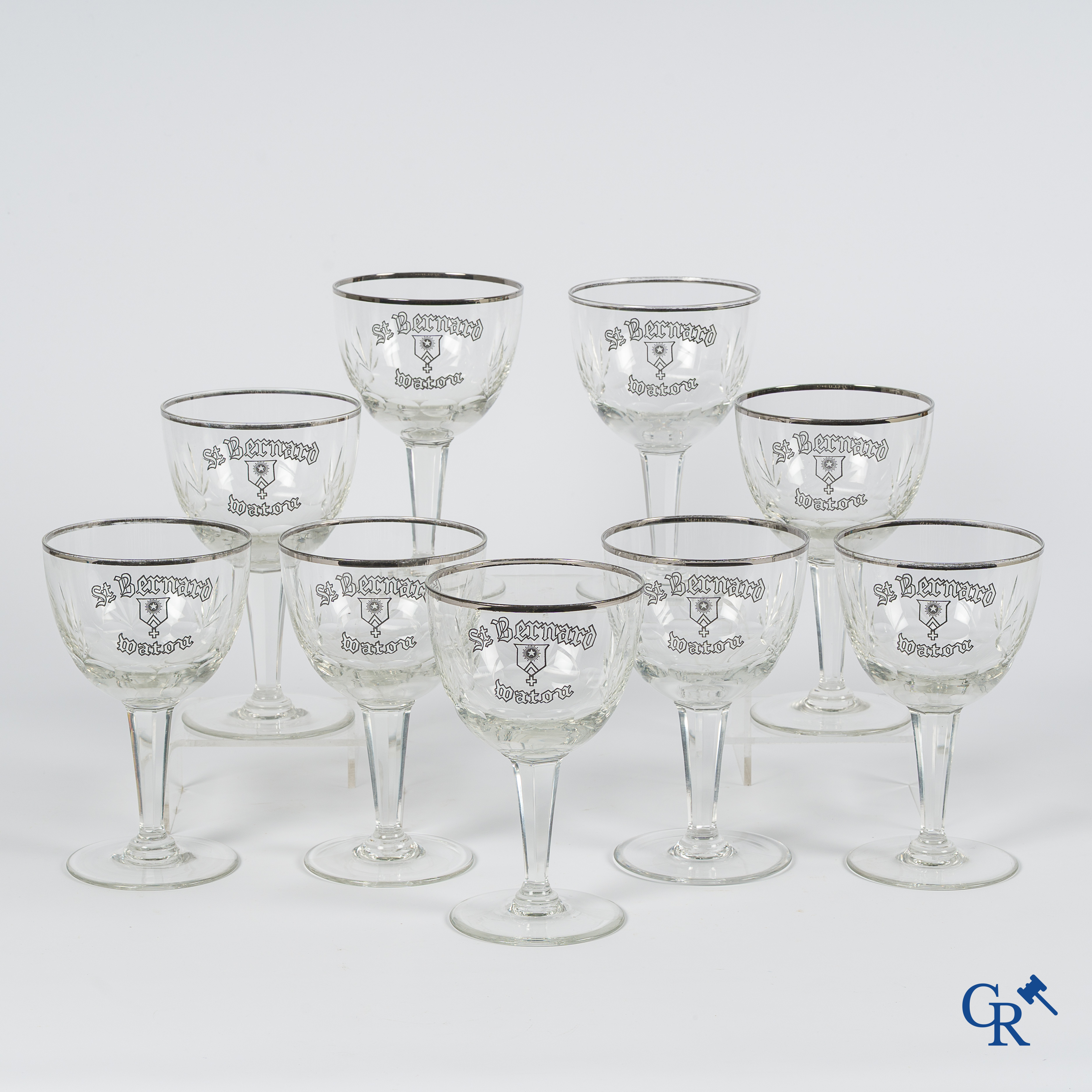 Brewery St. Bernard, Watou property of Evariste Deconinck. 9 crystal cut with thick applied enamelled beer glasses. Late 1940's.