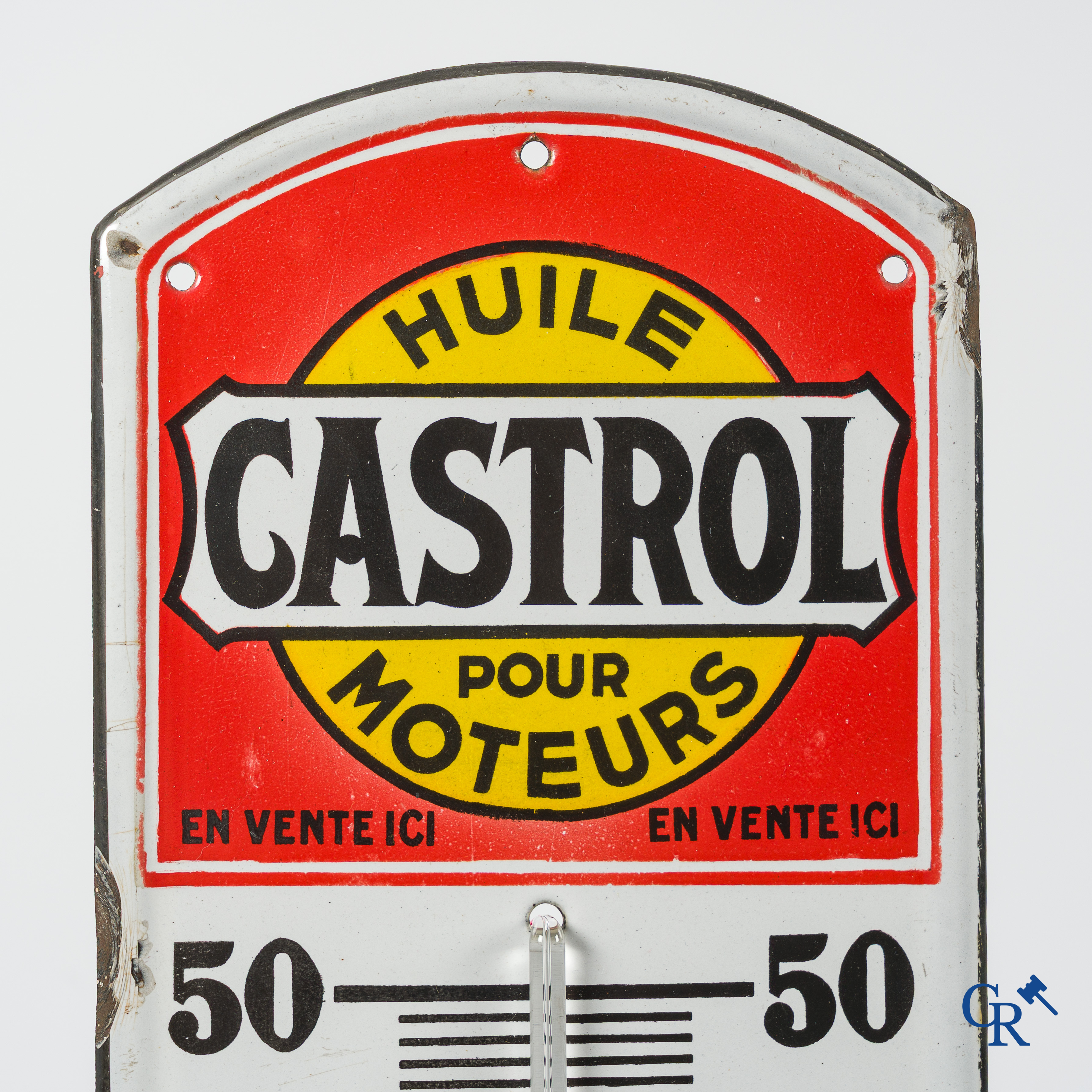 Castrol, Huile pour moteurs. En vente ici. Publicity thermometer for Castrol engine oil. 1920's-1930's.