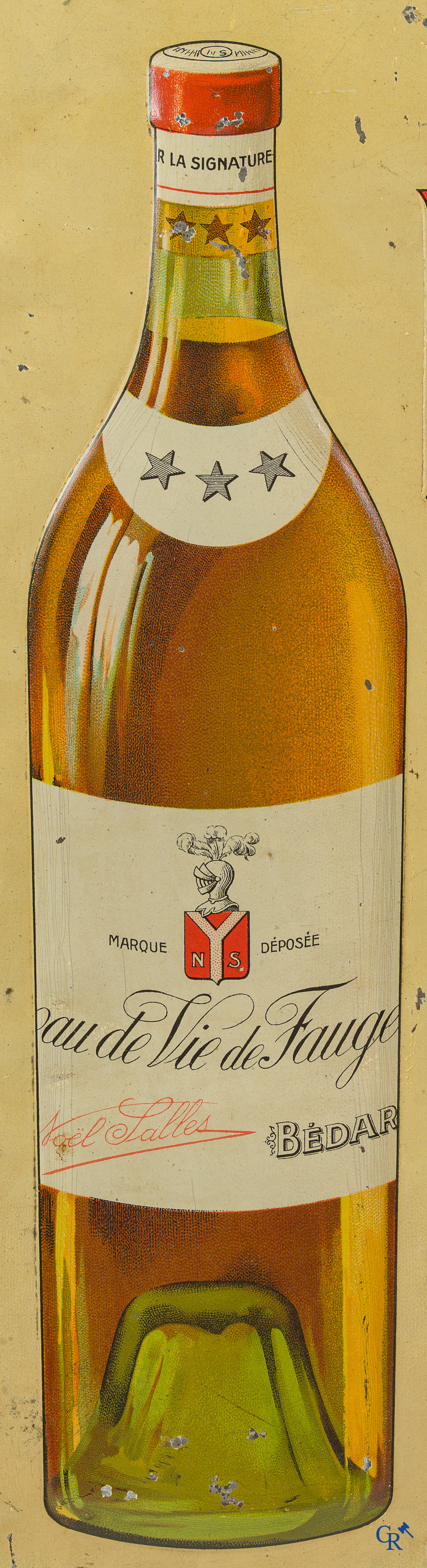 Advertising sign in embossed painted tin for Eau de Vie de Faugères by Noël Salles. Around 1920.