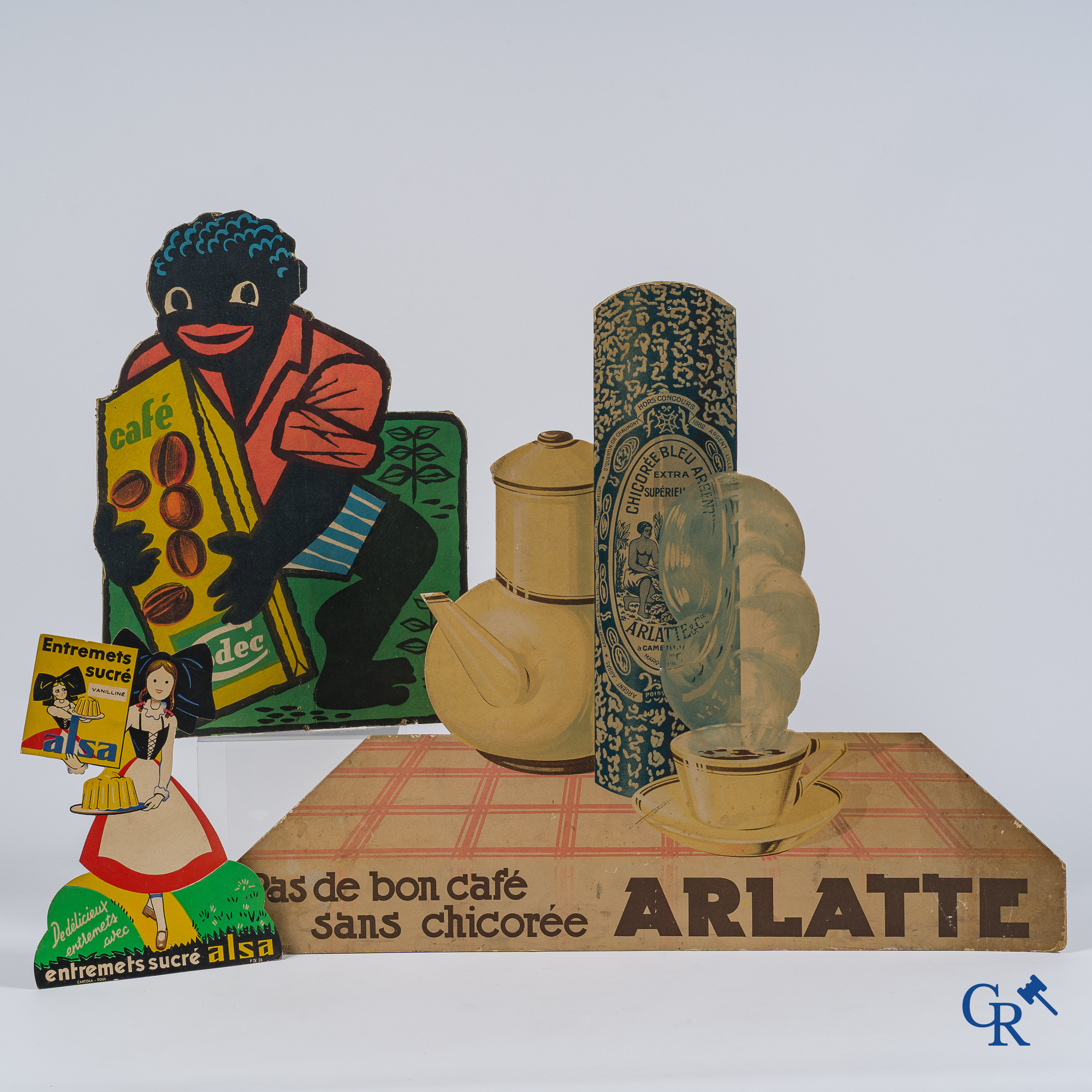 3 display advertising signs in hard cardboard. Chicory Arlatte, Café Codec and Alsa. 1930's.