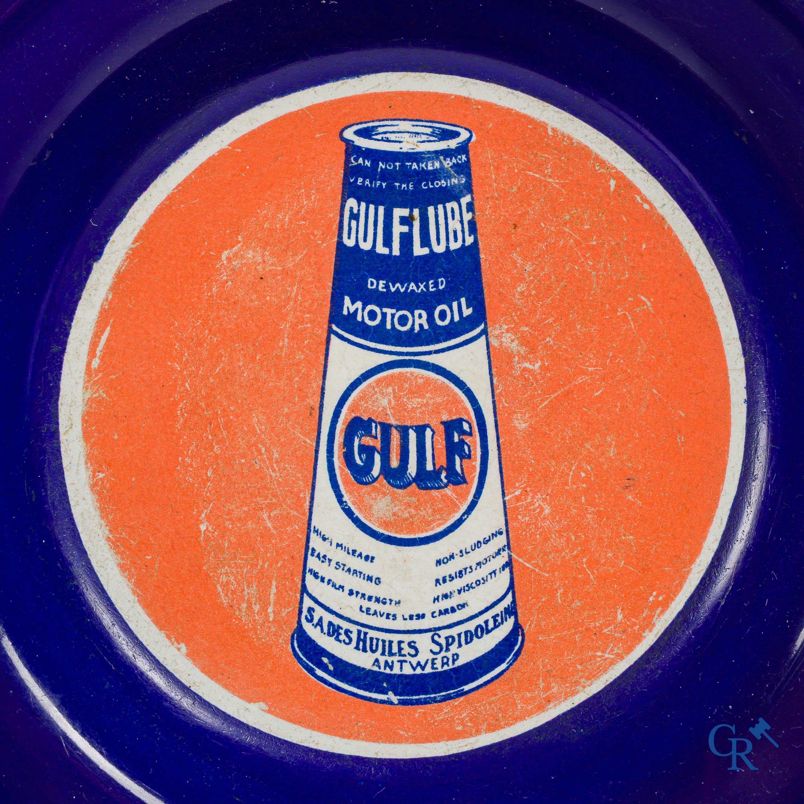Gulf, Gulflube engine oil. Money tray in enamelled metal depicting a conical Gulf oil can.