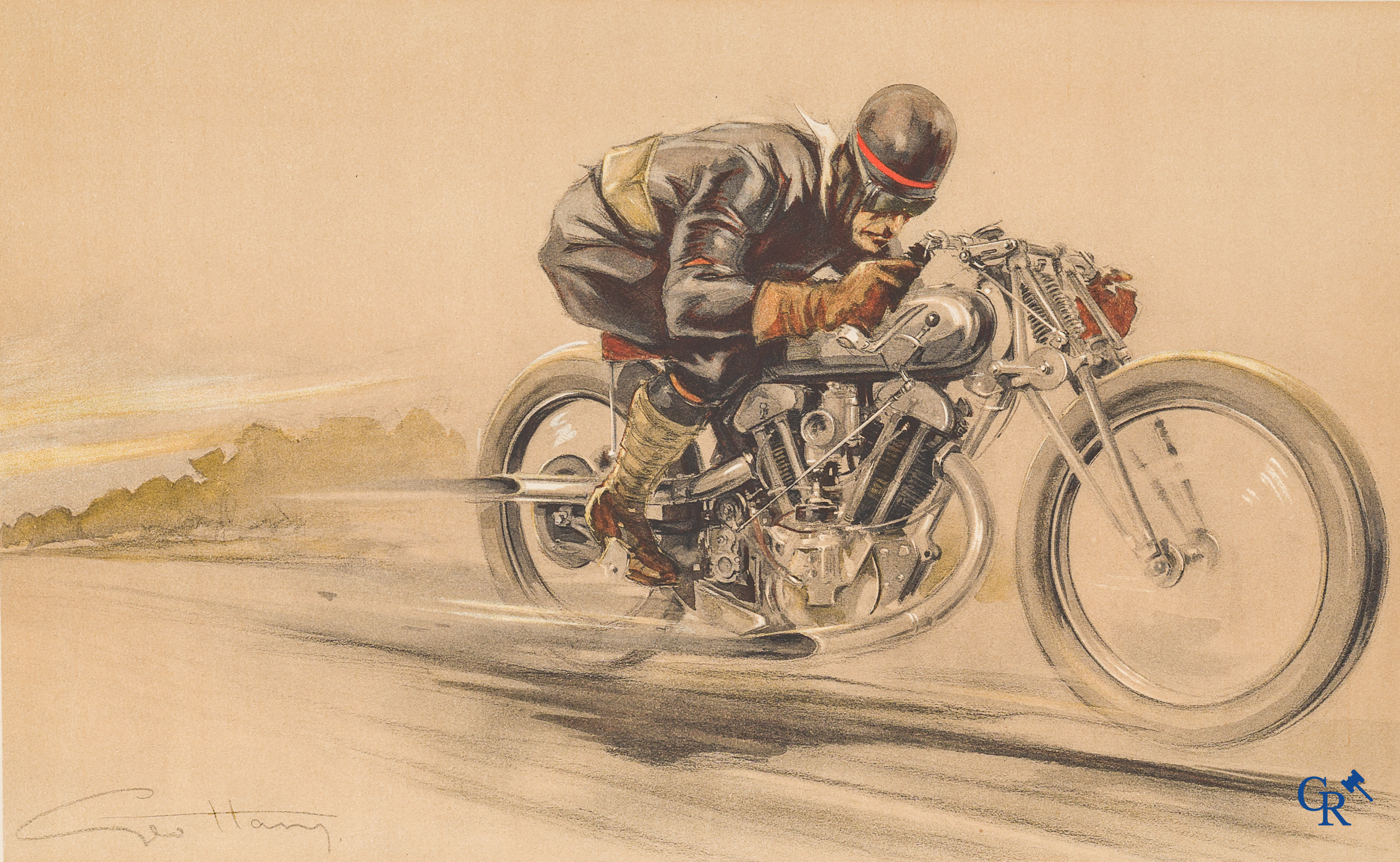 Géo Ham, Georges Hamel (1900-1972) Motard à Arpajon. Original colour lithography.