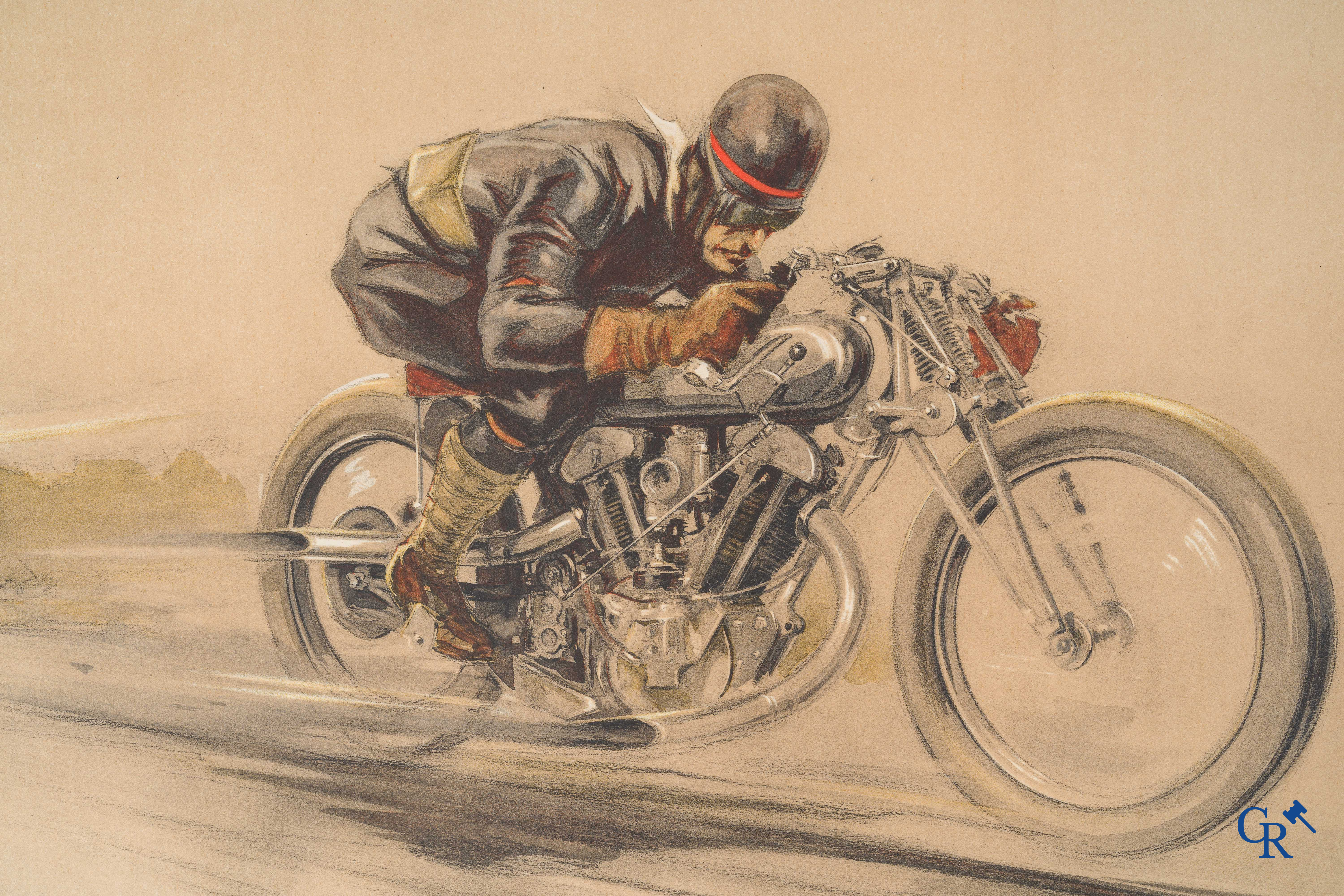 Géo Ham, Georges Hamel (1900-1972) Motard à Arpajon. Original colour lithography.