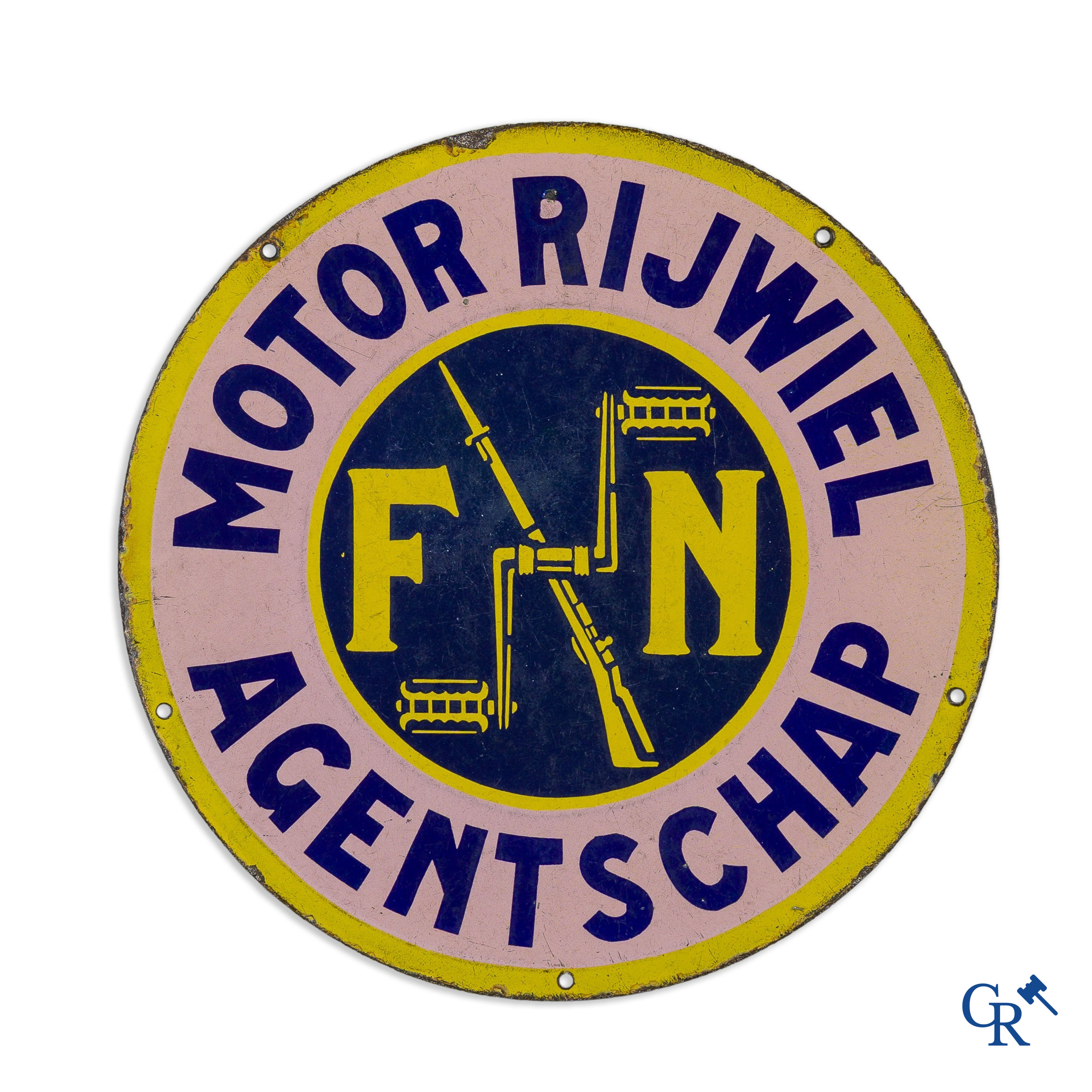 Fabrique Nationale Herstal. Double-sided enamel publicity signboard for motorcycles FN. Rare Dutch version. Circa 1910-1920.