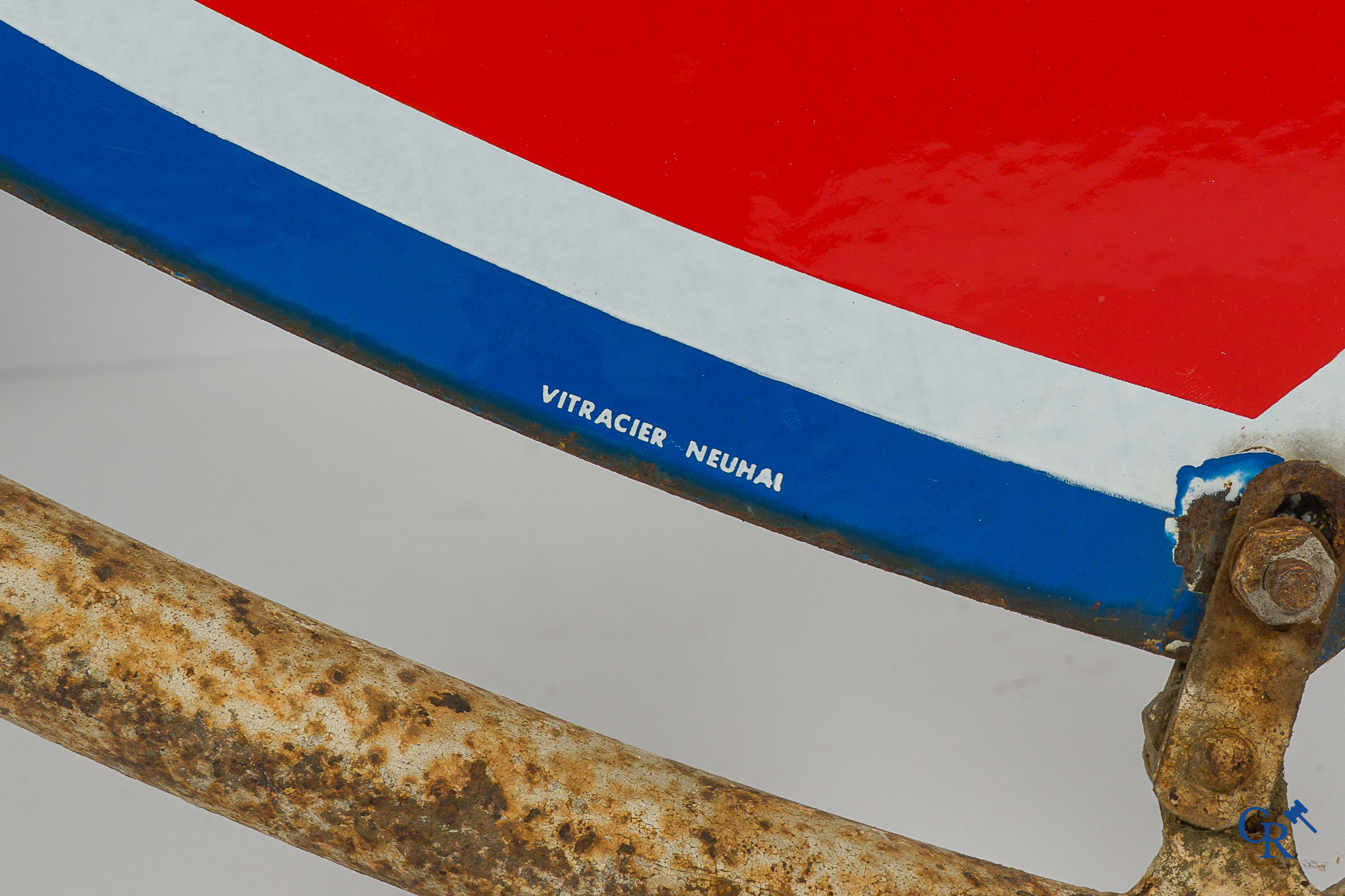 Fina. Large enamelled double sided advertising sign in metal frame with the original aluminium spotlights. Circa 1950.
