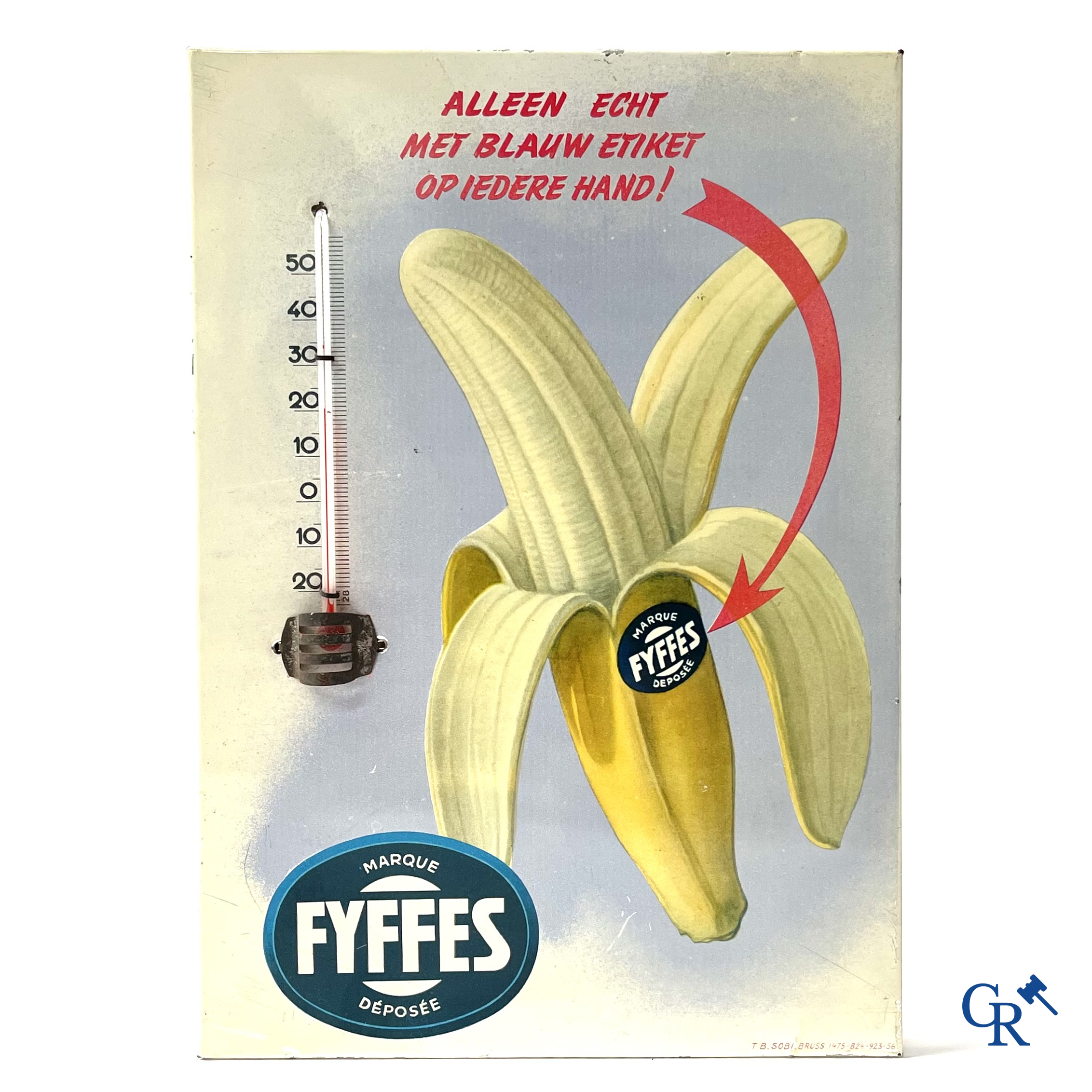 Fyffes, publicity thermometer in printed metal for Fyffes bananas. Sobi Brussels 1956.