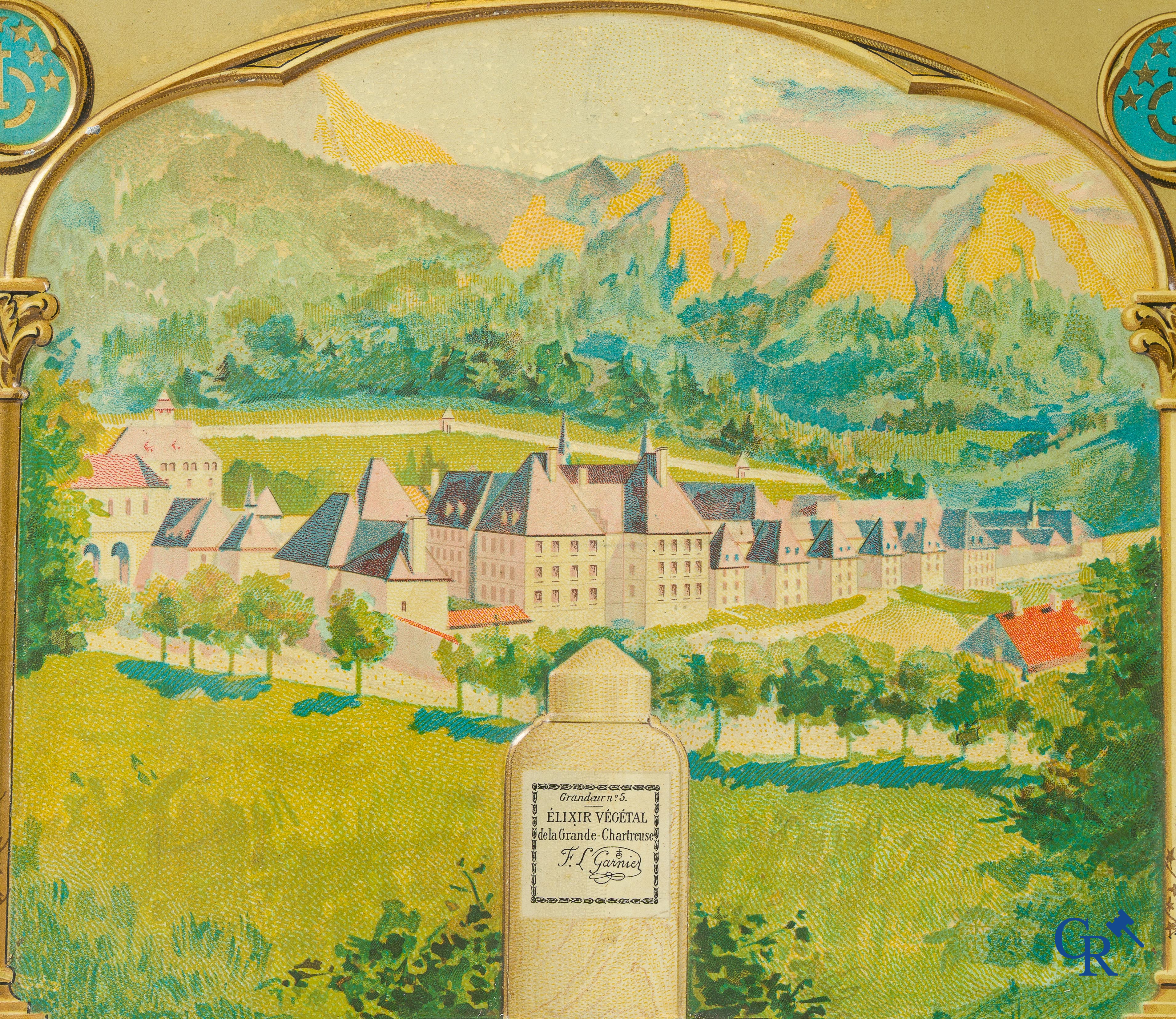 L. Garnier. Publicity sign in painted metal for the Liqueurs & Elixir de la Grande Chartreuse.