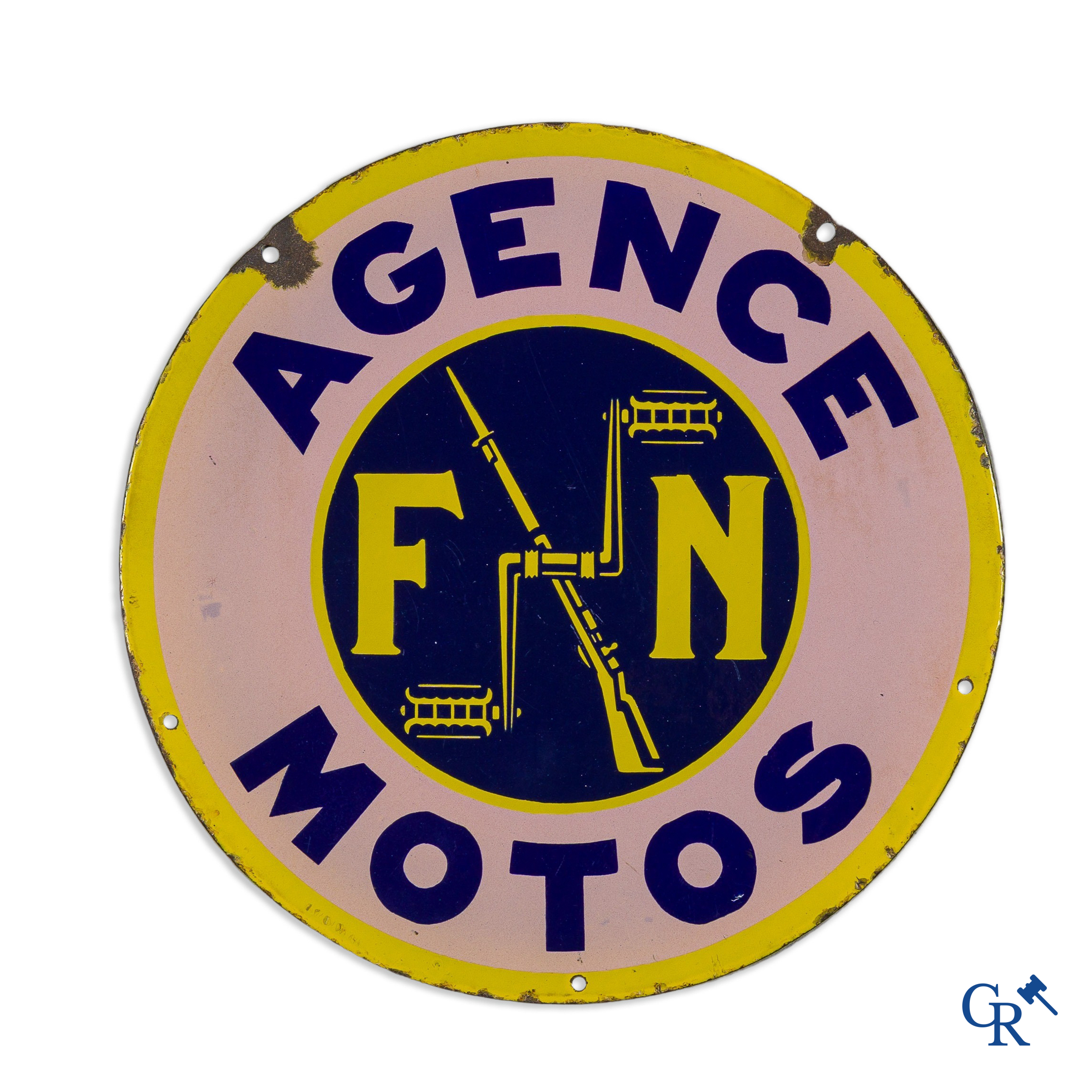 Fabrique Nationale Herstal. Dubbelzijdig franstalig emaille uithangbord voor motor rijwielen FN. Circa 1910-1920.