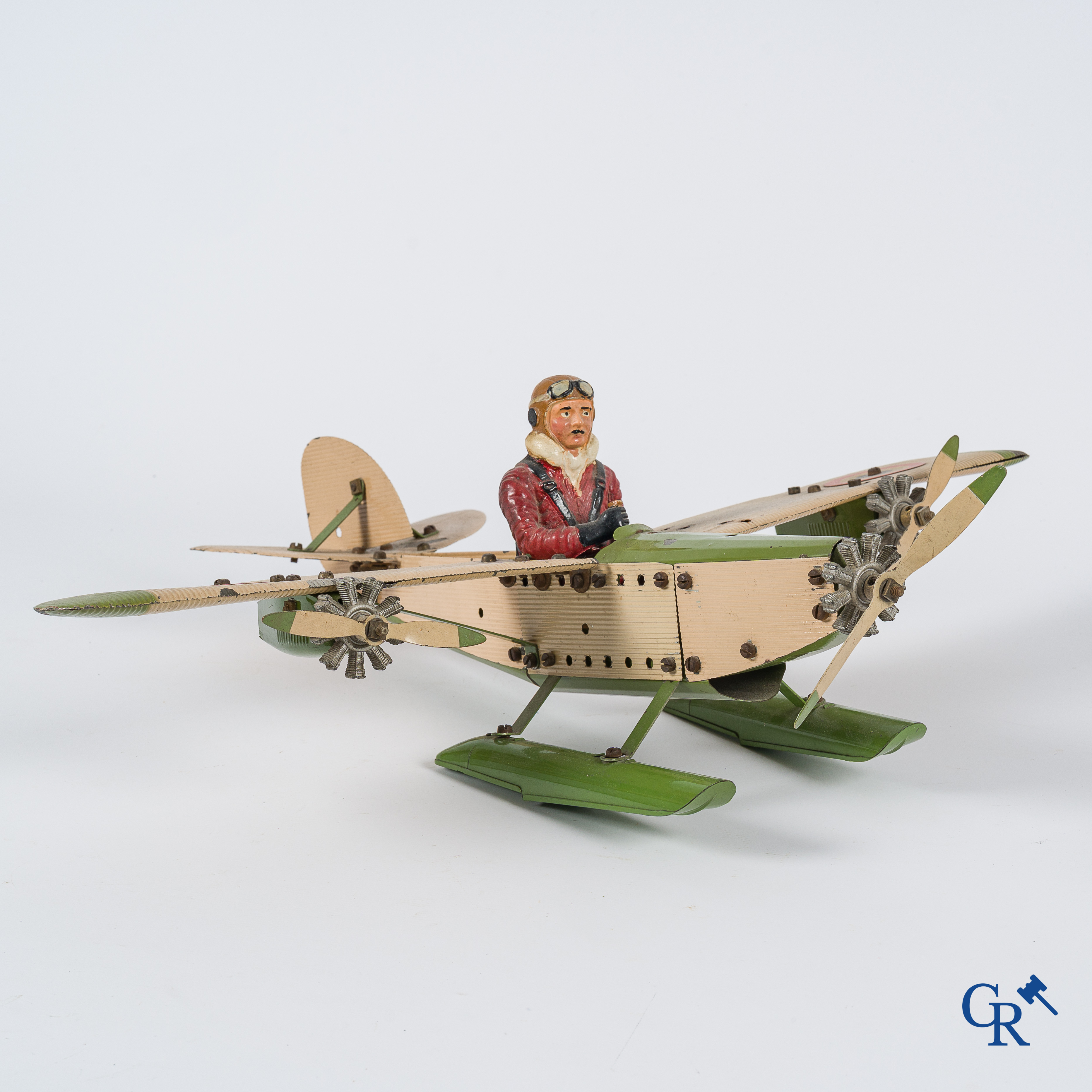 Old toys. Meccano Aeroplane Contructor, seaplane with original pilot. 1930's.