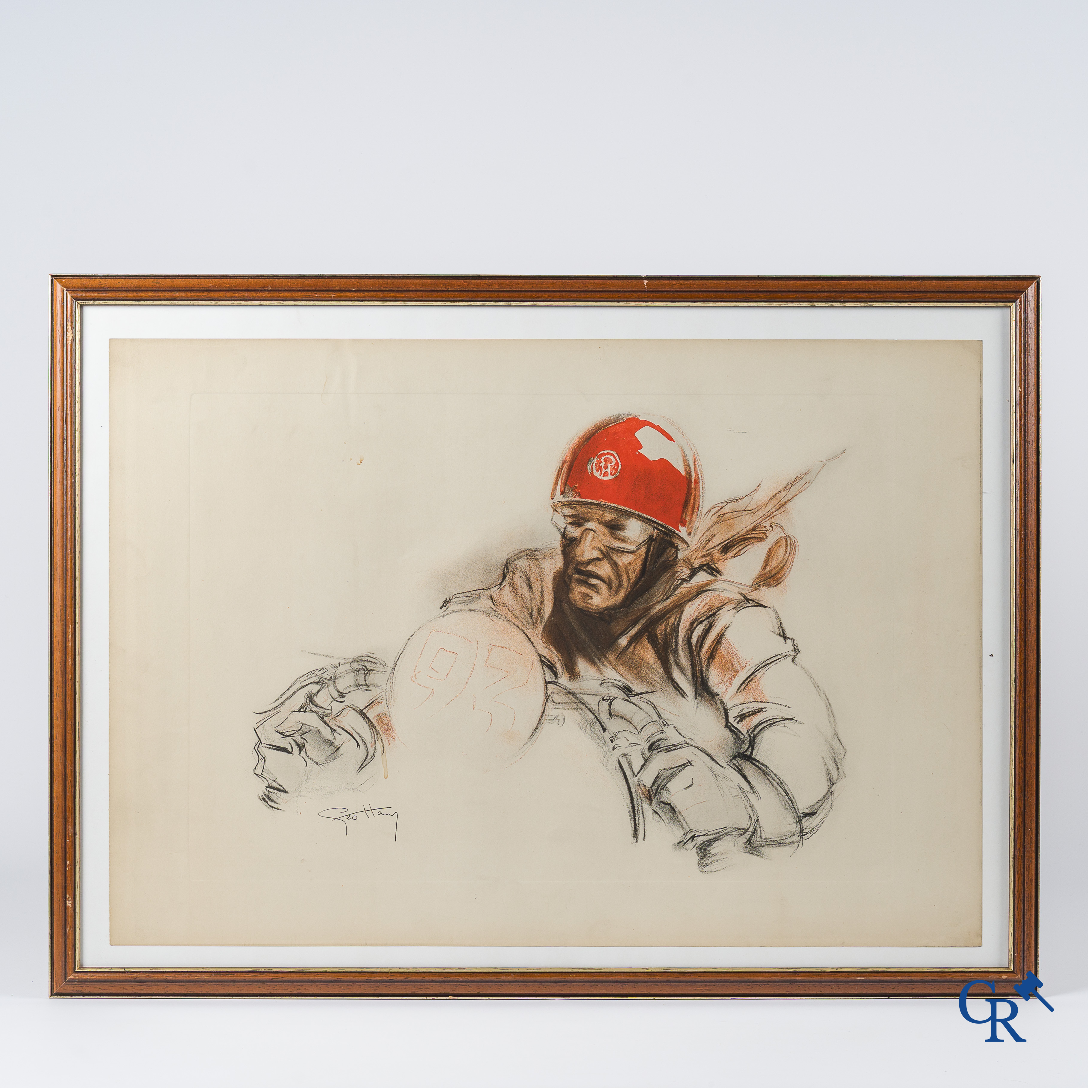 Géo Ham, Georges Hamel (1900-1972) Pilote au casque rouge. Original colour lithography.