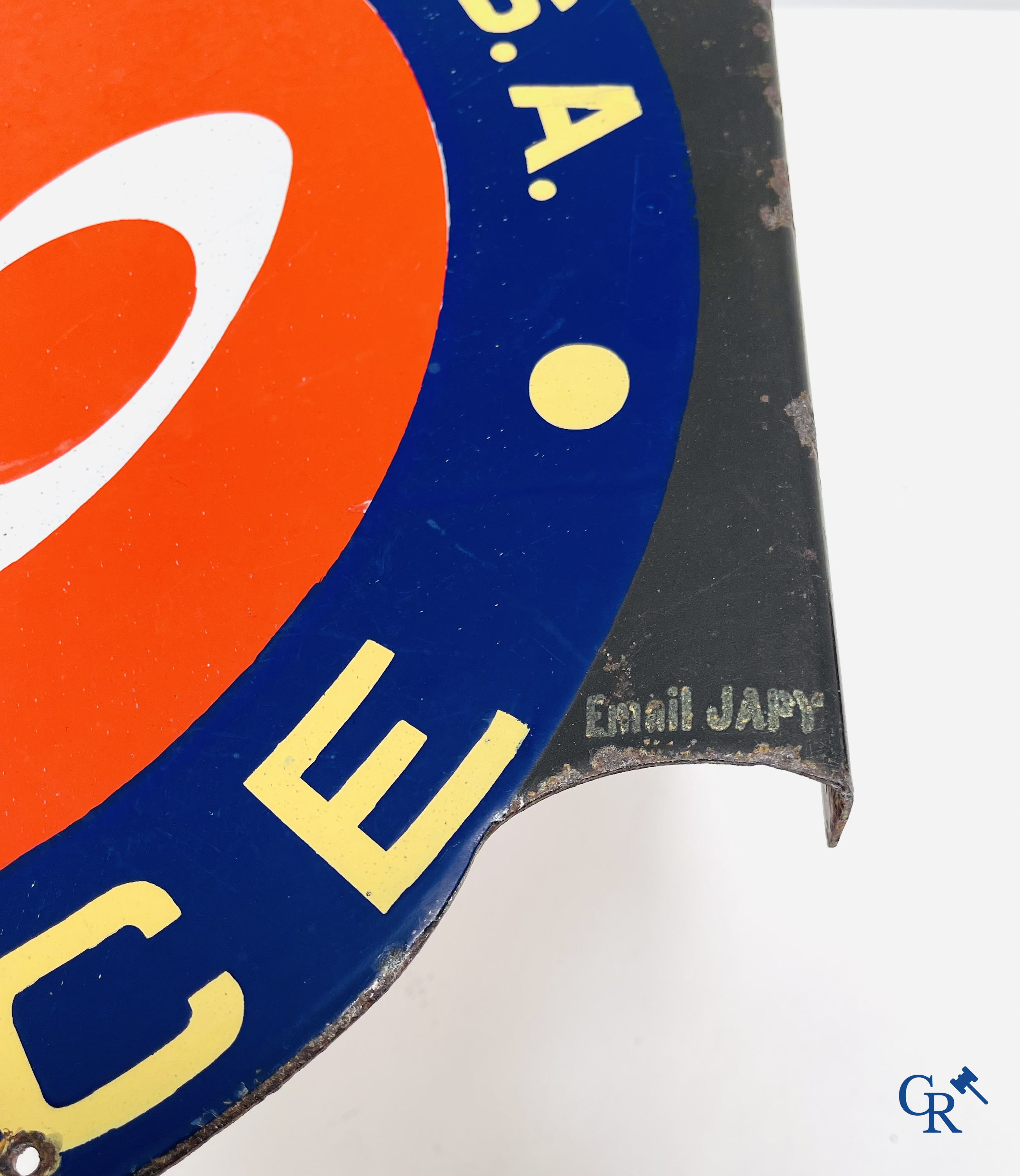 Eco. Dubbelzijdig geëmailleerd publiciteitsbord voor benzine van de Société Anonyme l'Economique. Jaren '20-'30.