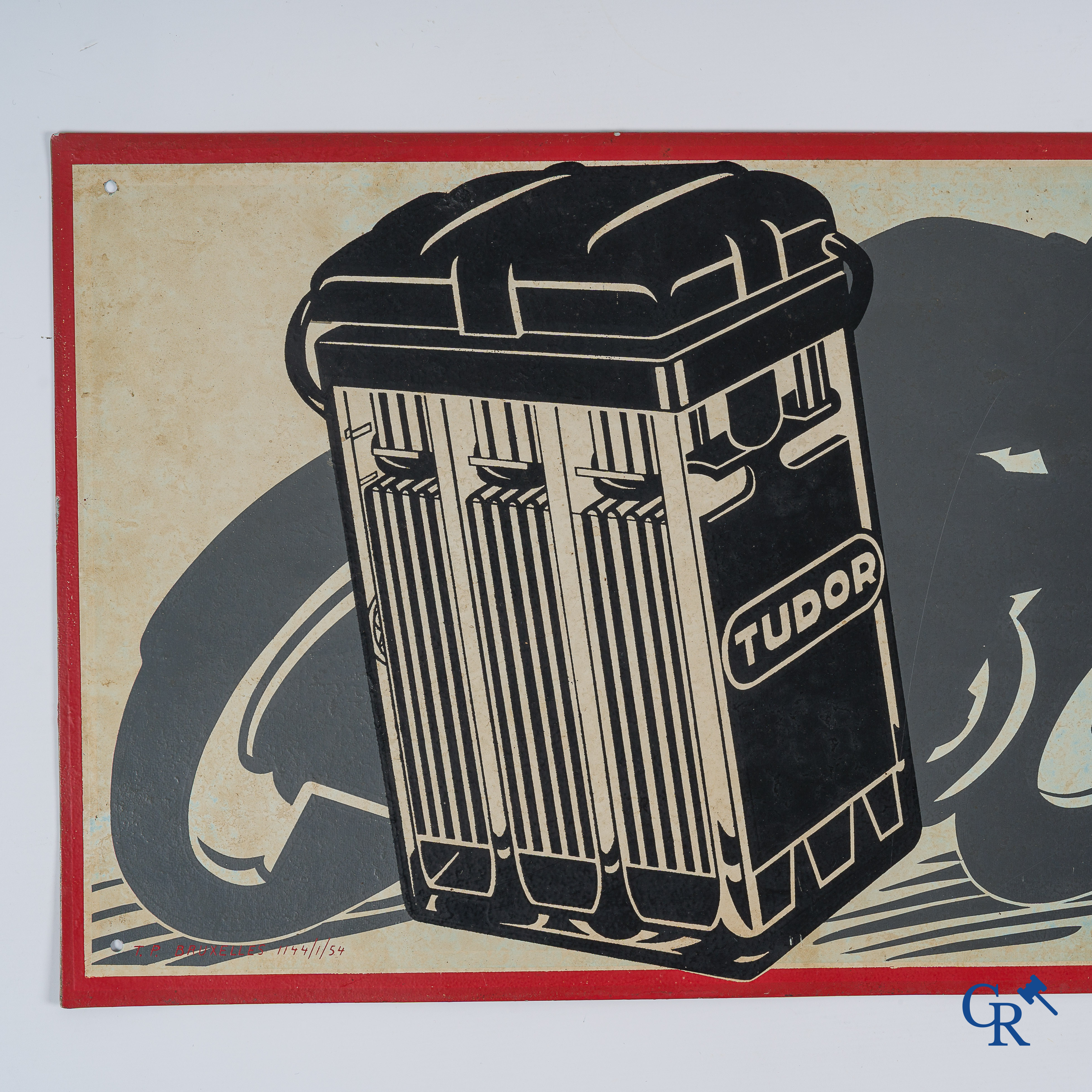 Accus Tudor. Publicity sign in printed metal for motorcycle batteries of the brand Tudor.