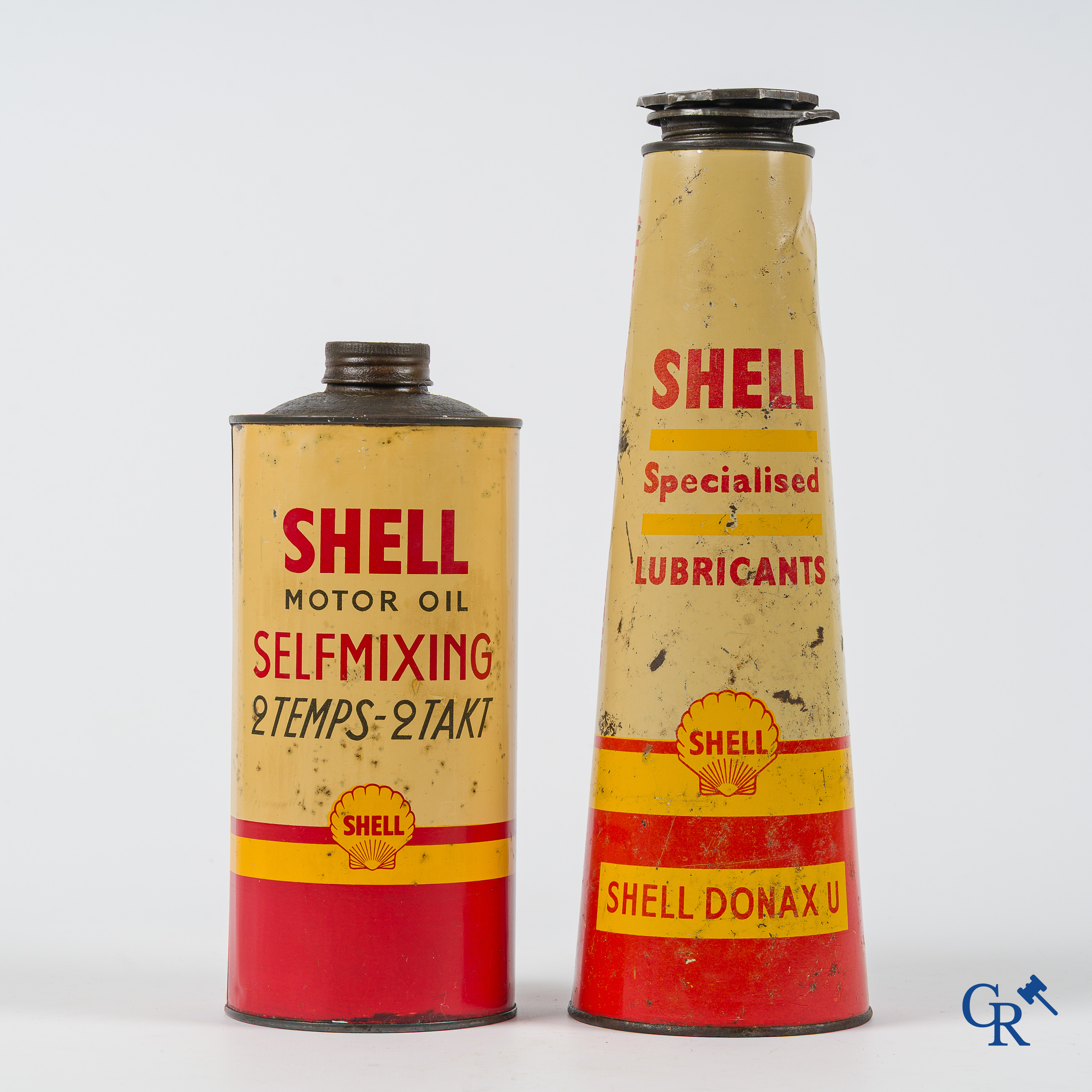Shell Motor Oil. 2 oil cans. Shell Donax U 1L. conical, and Shell Self-mixing 2 stroke. 1940's-1950's.