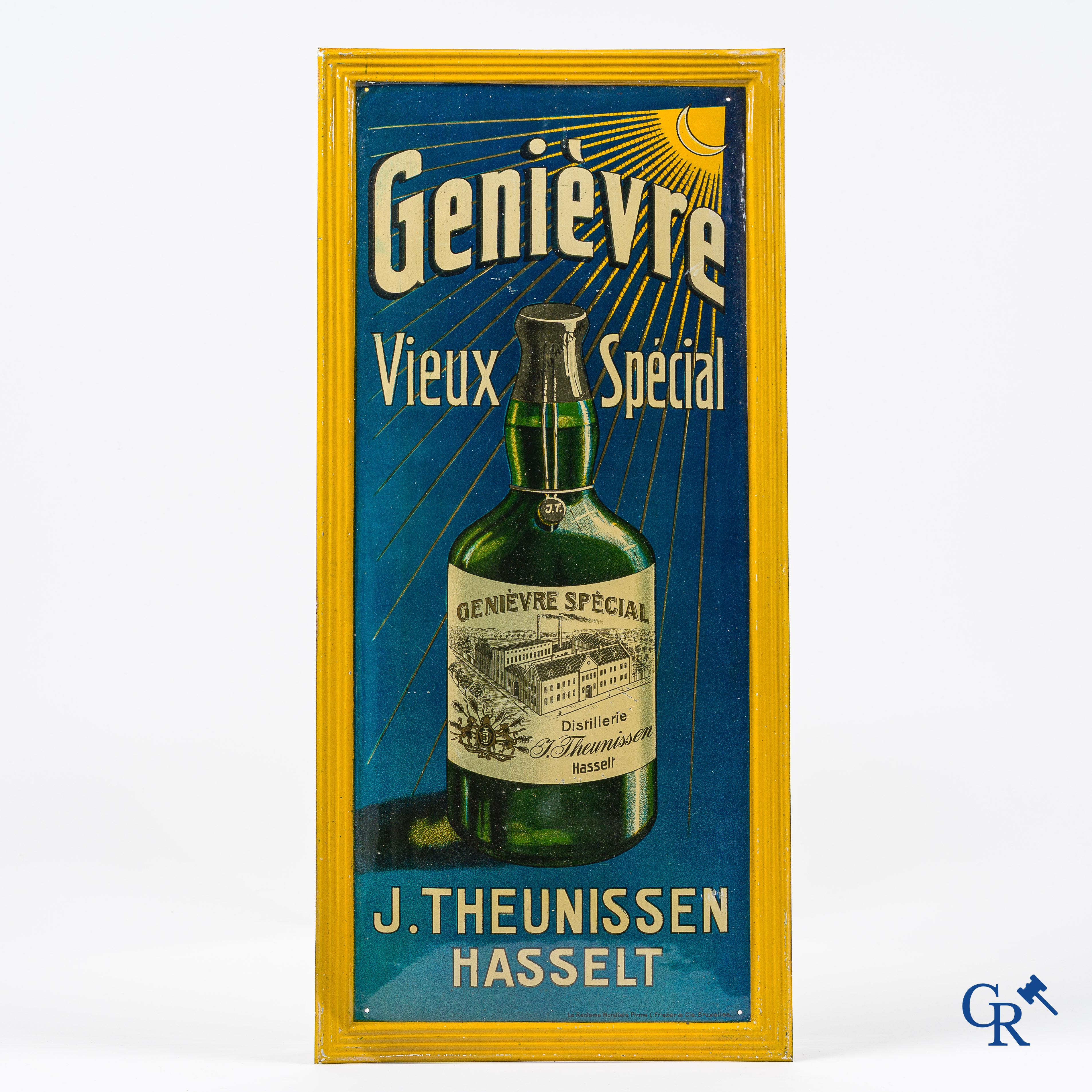 J. Theunissen Hasselt. Publiciteit in beschilderd metaal voor Speciale Oude Hasseltse Jenever. Jaren '20-30.