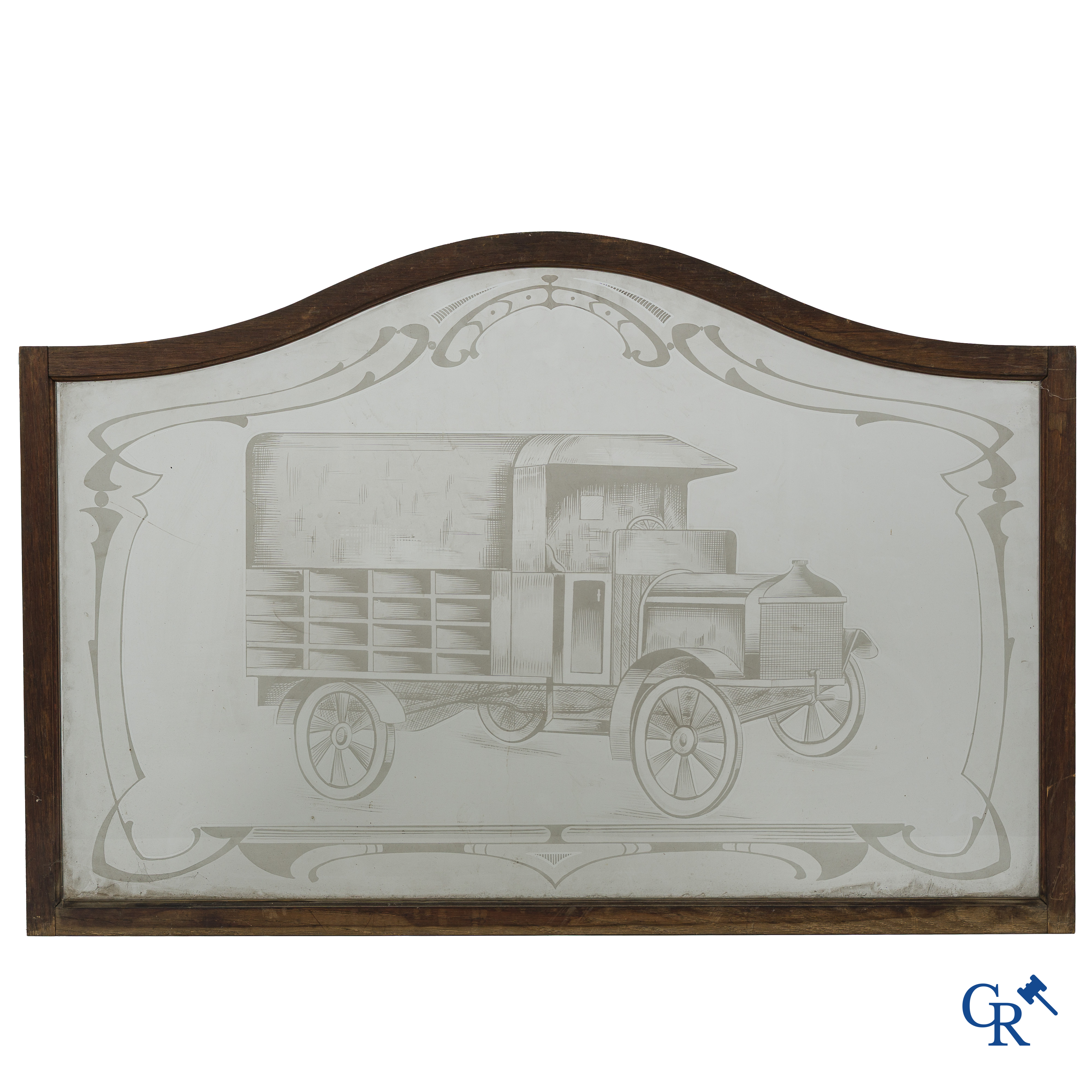 Automobilia. 2 old etched windows in oak frame depicting a Citroën Torpedo and a Berliet van. Circa 1925-1930.