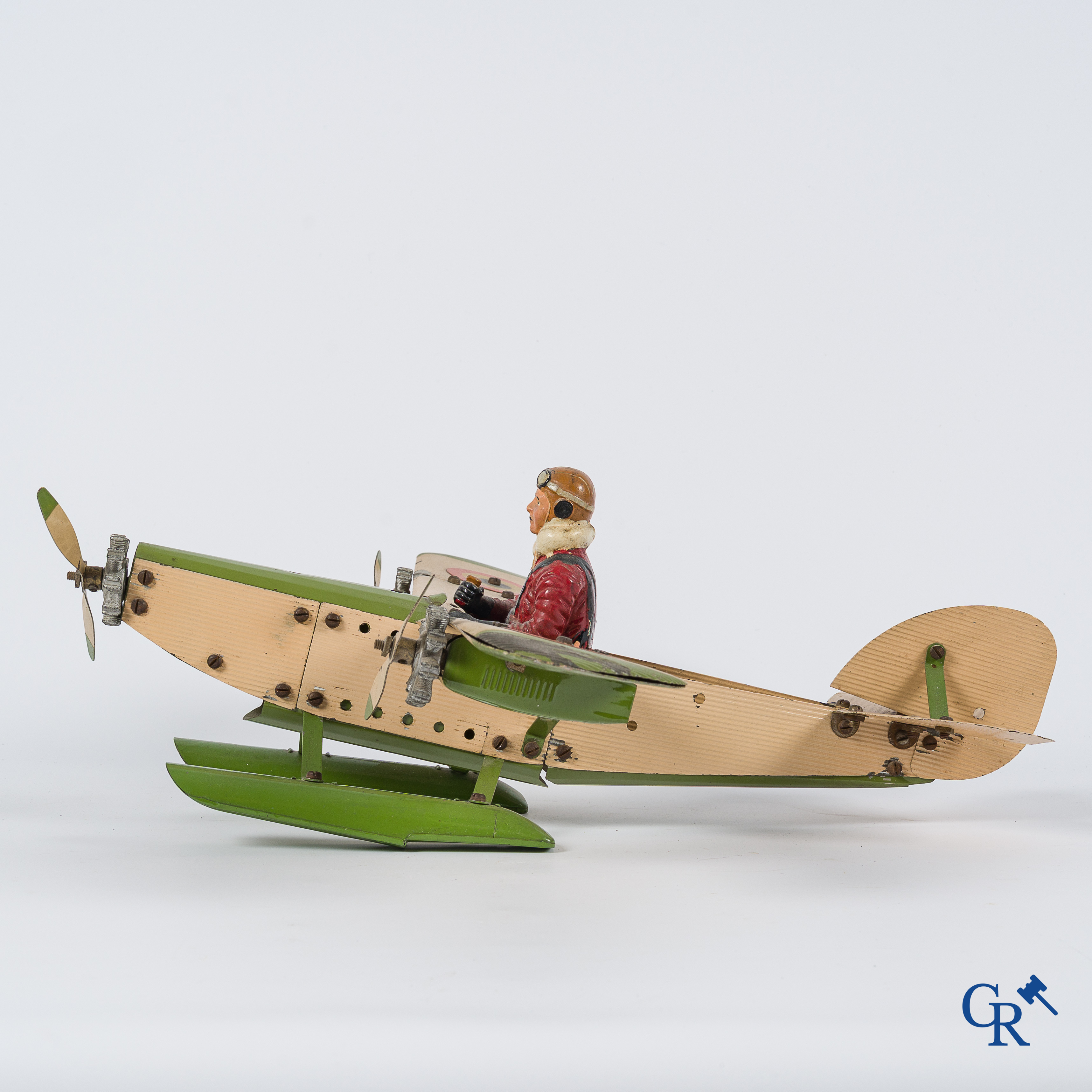 Old toys. Meccano Aeroplane Contructor, seaplane with original pilot. 1930's.