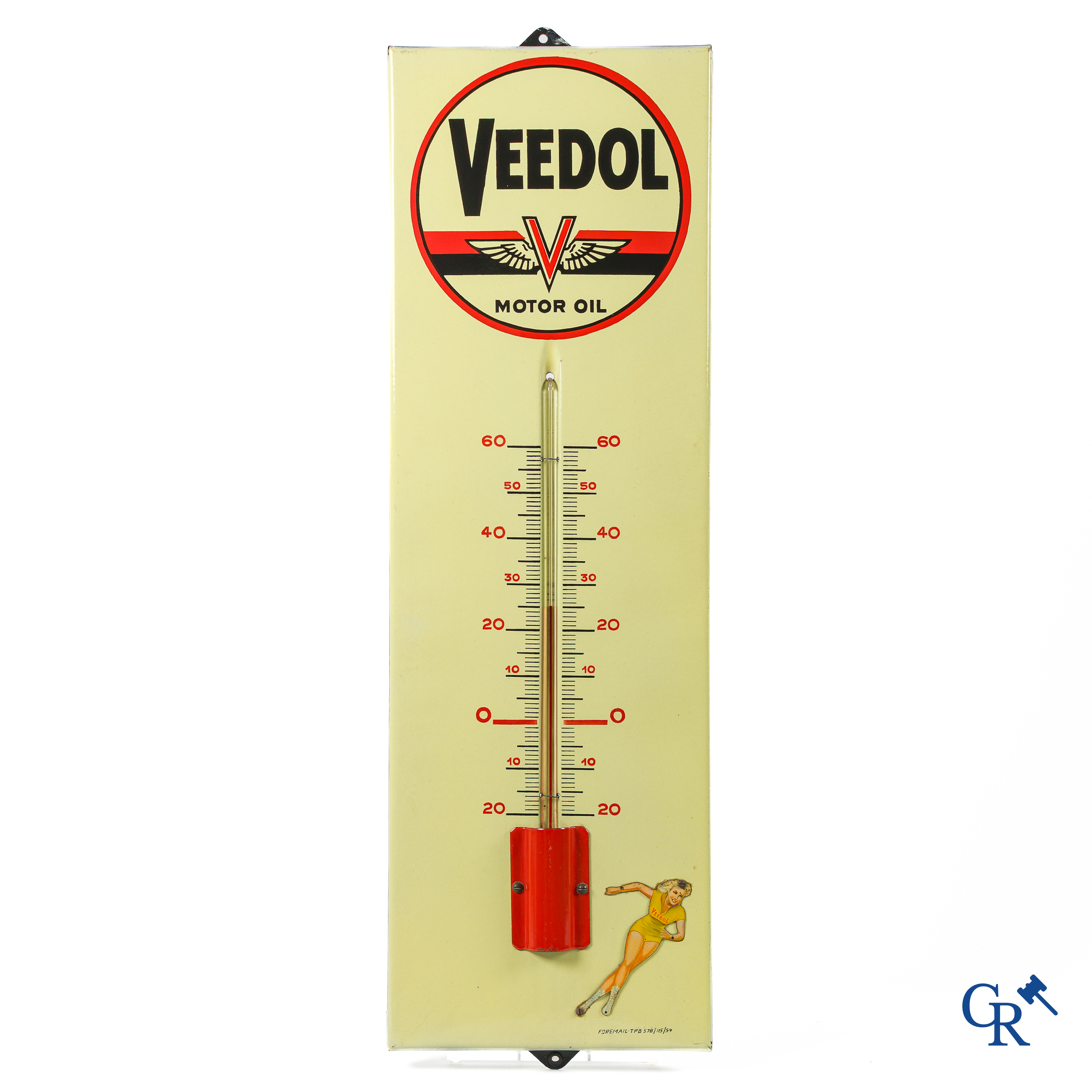 Veedol motor oil. Grote publiciteits thermometer met origineel opgeschroefde Pin-up. Foremail 1954.