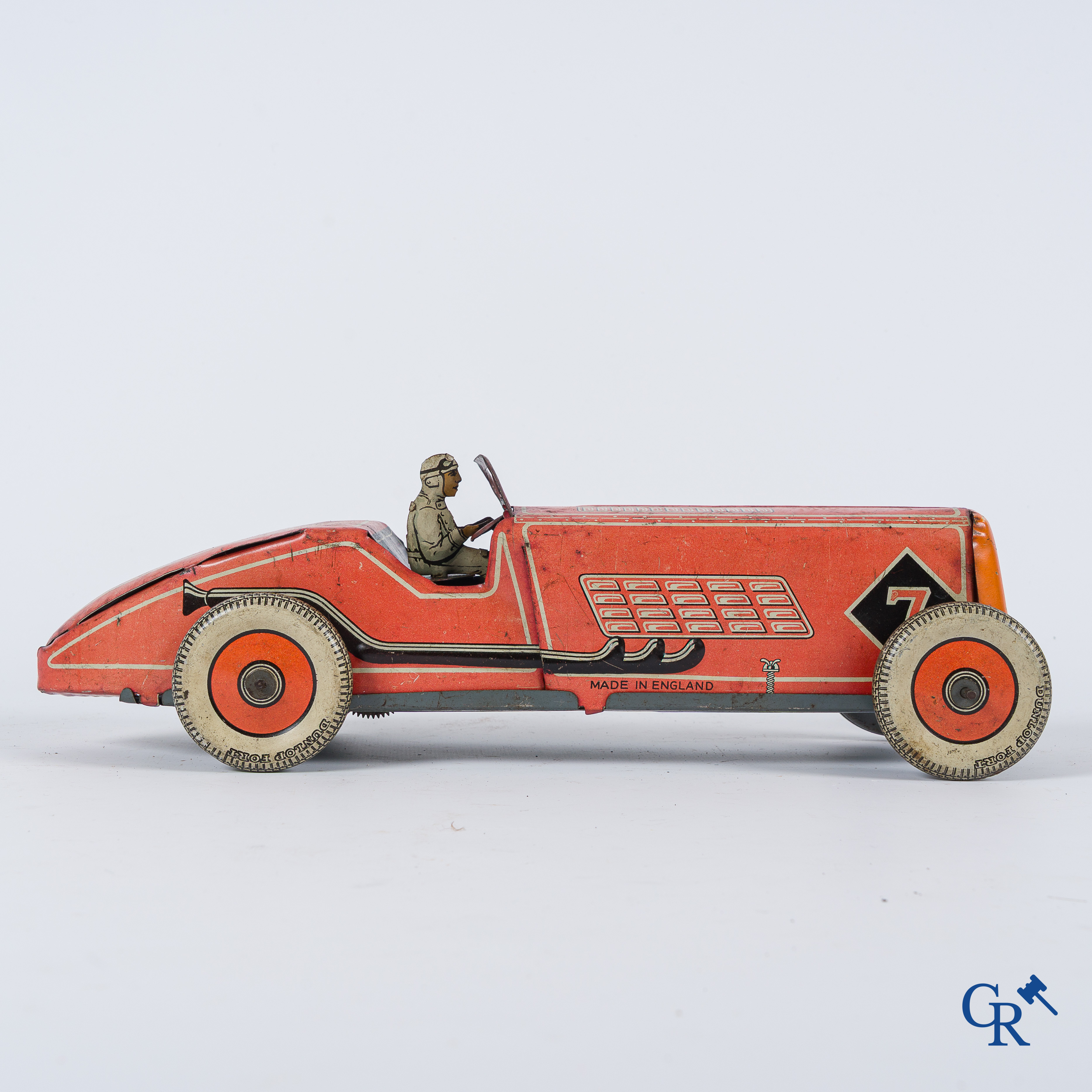 Old toys. Made in England. Race car with autopilot. Tin with winding mechanism. 1930's-1940's.