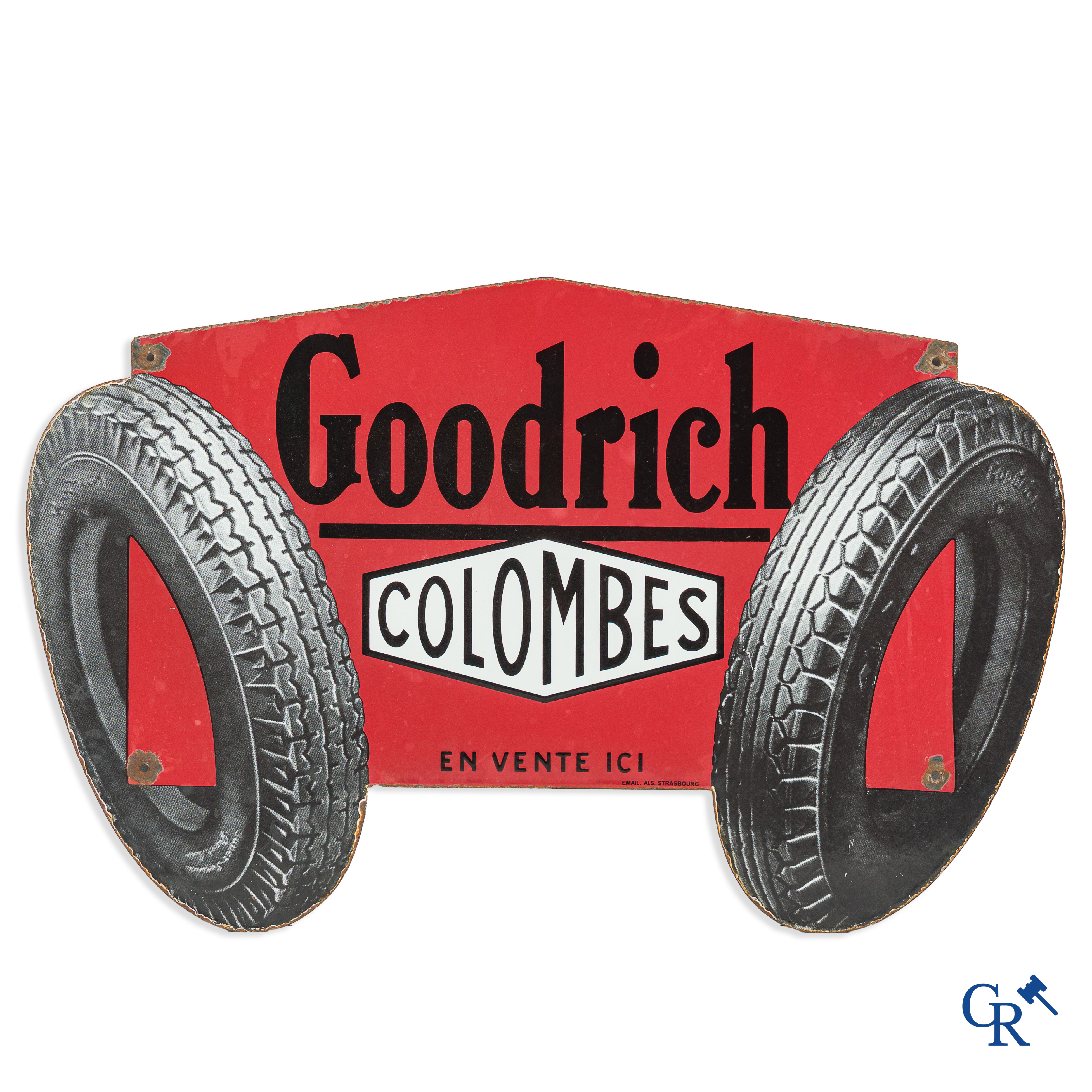 Goodrich Colombes, En vente ici. Enamel advertising sign for Goodrich car tyres. 1960's.