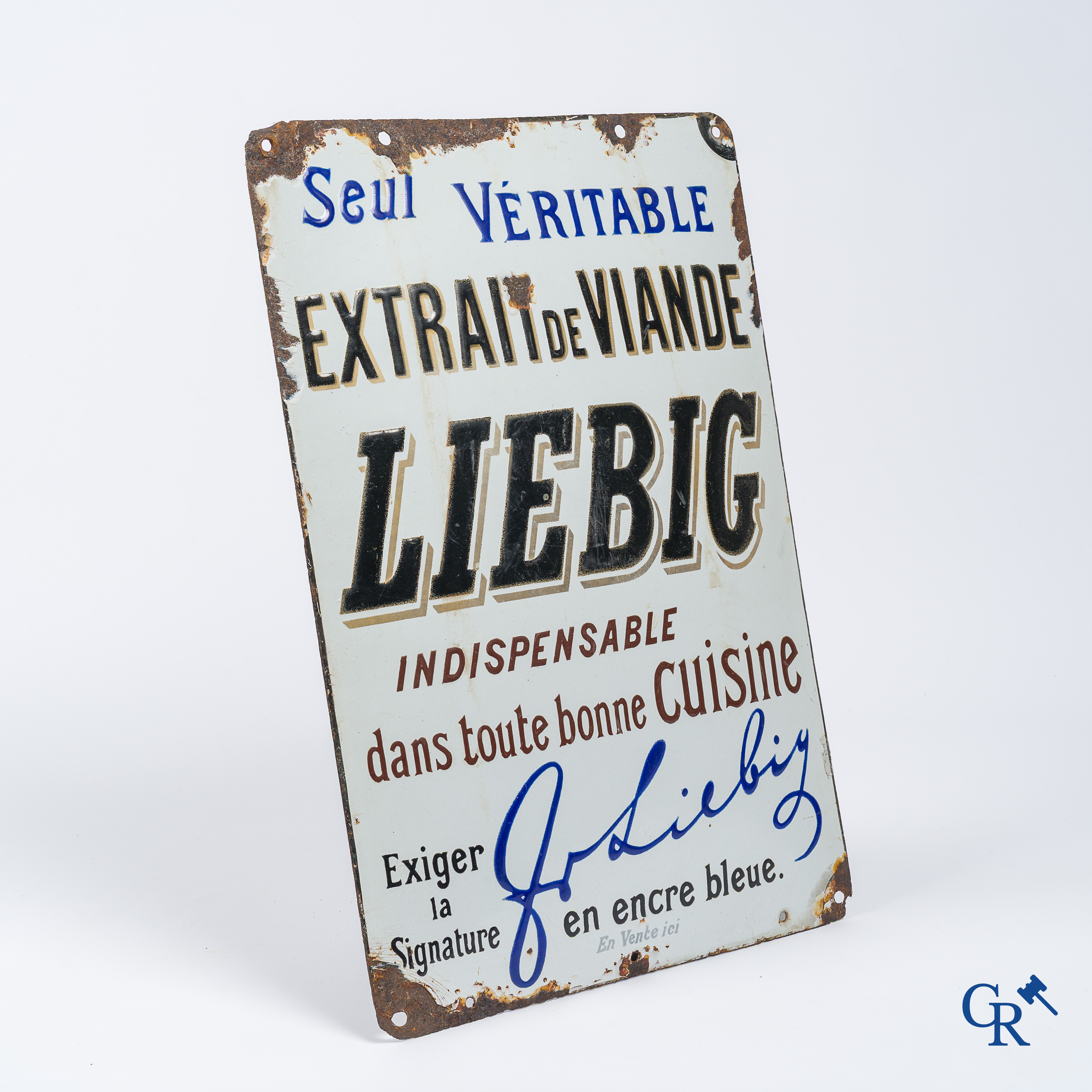 Liebig, Rare set of 2 enamel advertising signs suspended from a cast iron ox-shaped bracket. Around 1900.