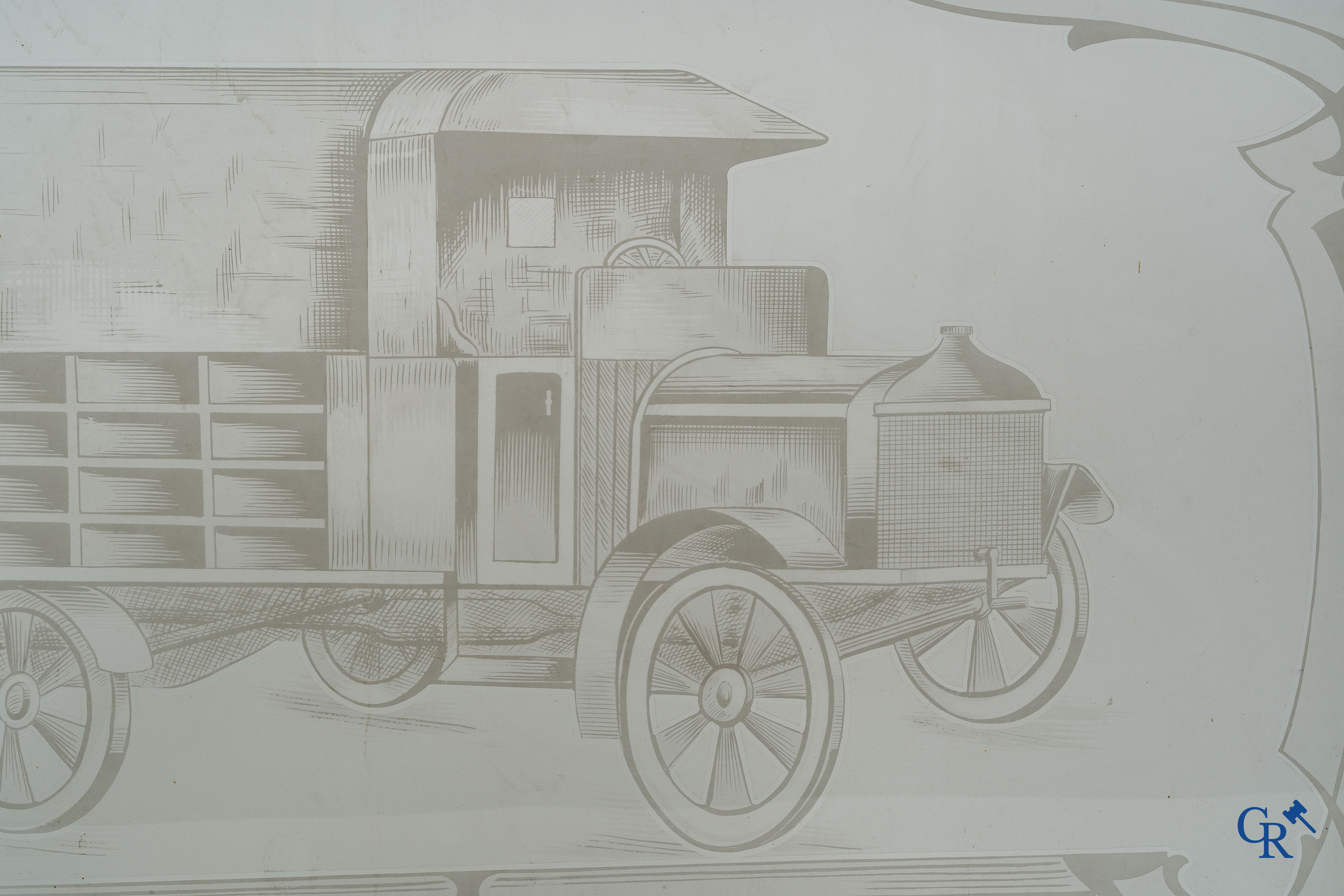 Automobilia. 2 old etched windows in oak frame depicting a Citroën Torpedo and a Berliet van. Circa 1925-1930.