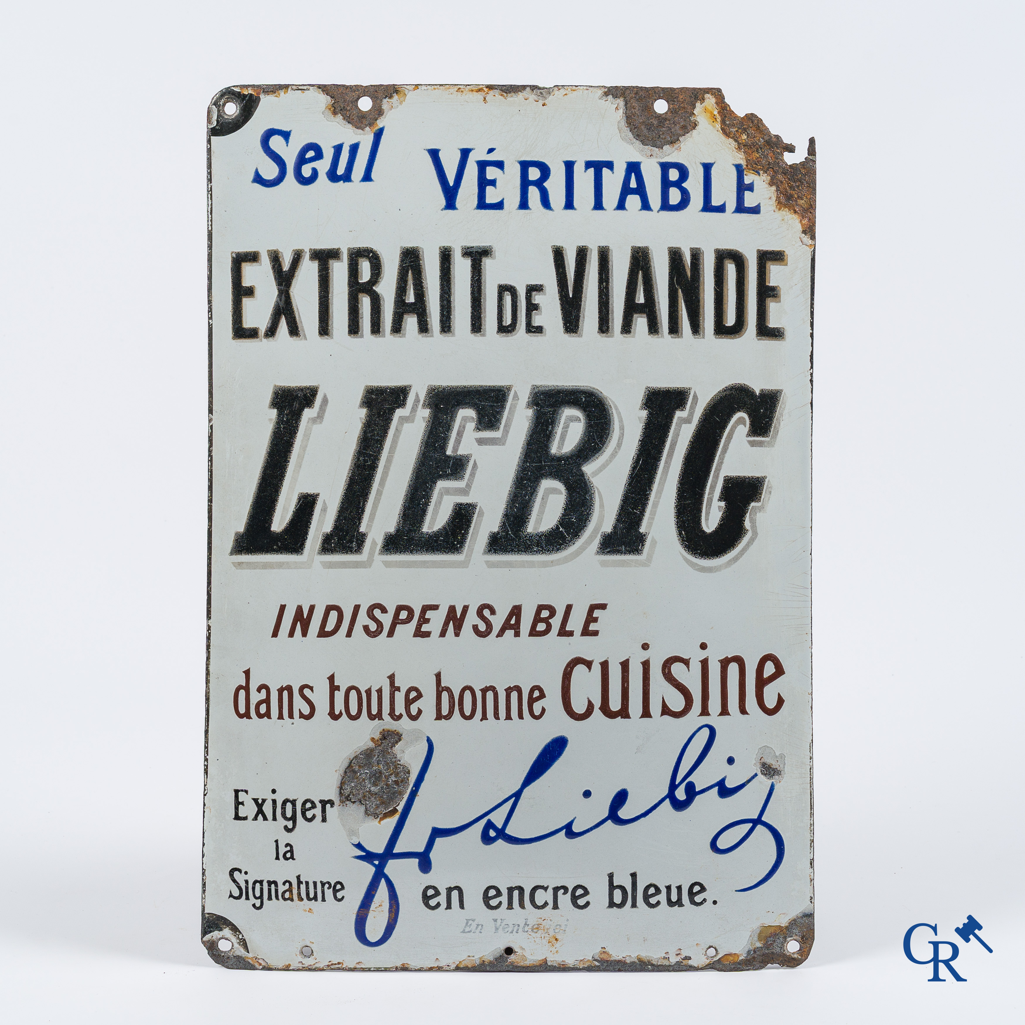Liebig, Rare set of 2 enamel advertising signs suspended from a cast iron ox-shaped bracket. Around 1900.