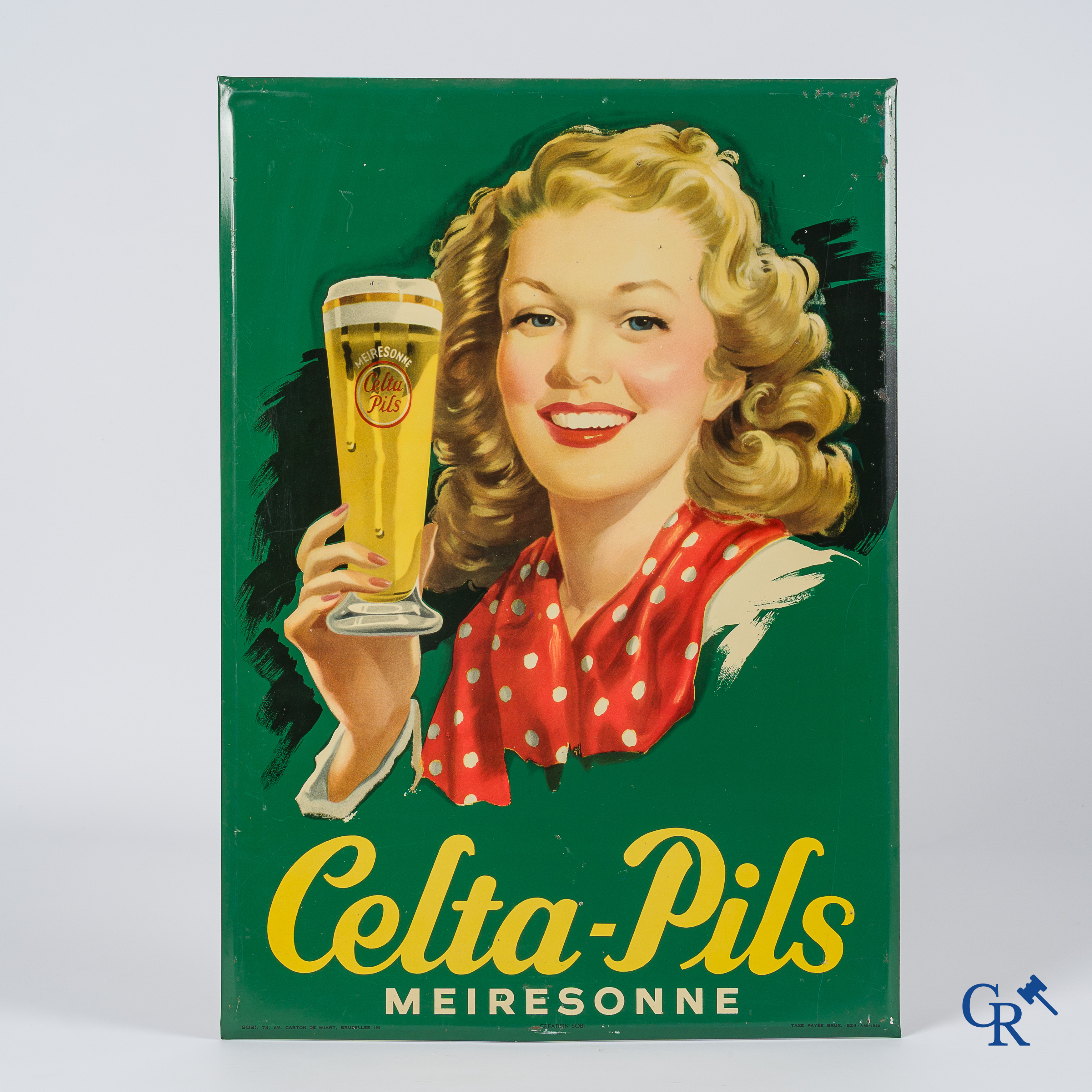 Celta-Pils. Publiciteitsbord in beschilderd blik voor de bieren van Brouwerij Meiresonne te Gent. 1950.