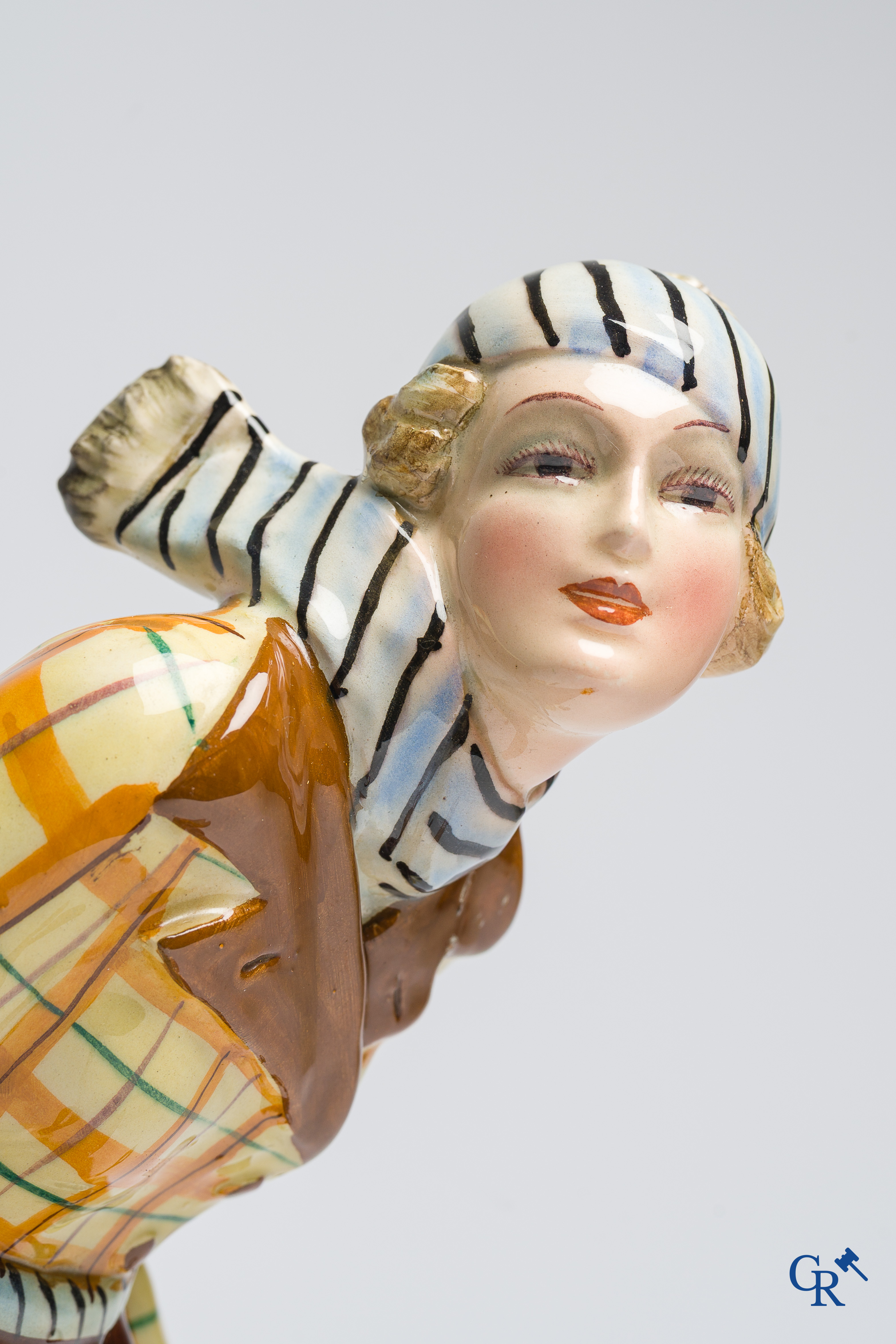 Art Deco, Hertwig and Company, Katzhütte, Thüringen. Skier in fine polychrome and glazed pottery. Circa 1930.