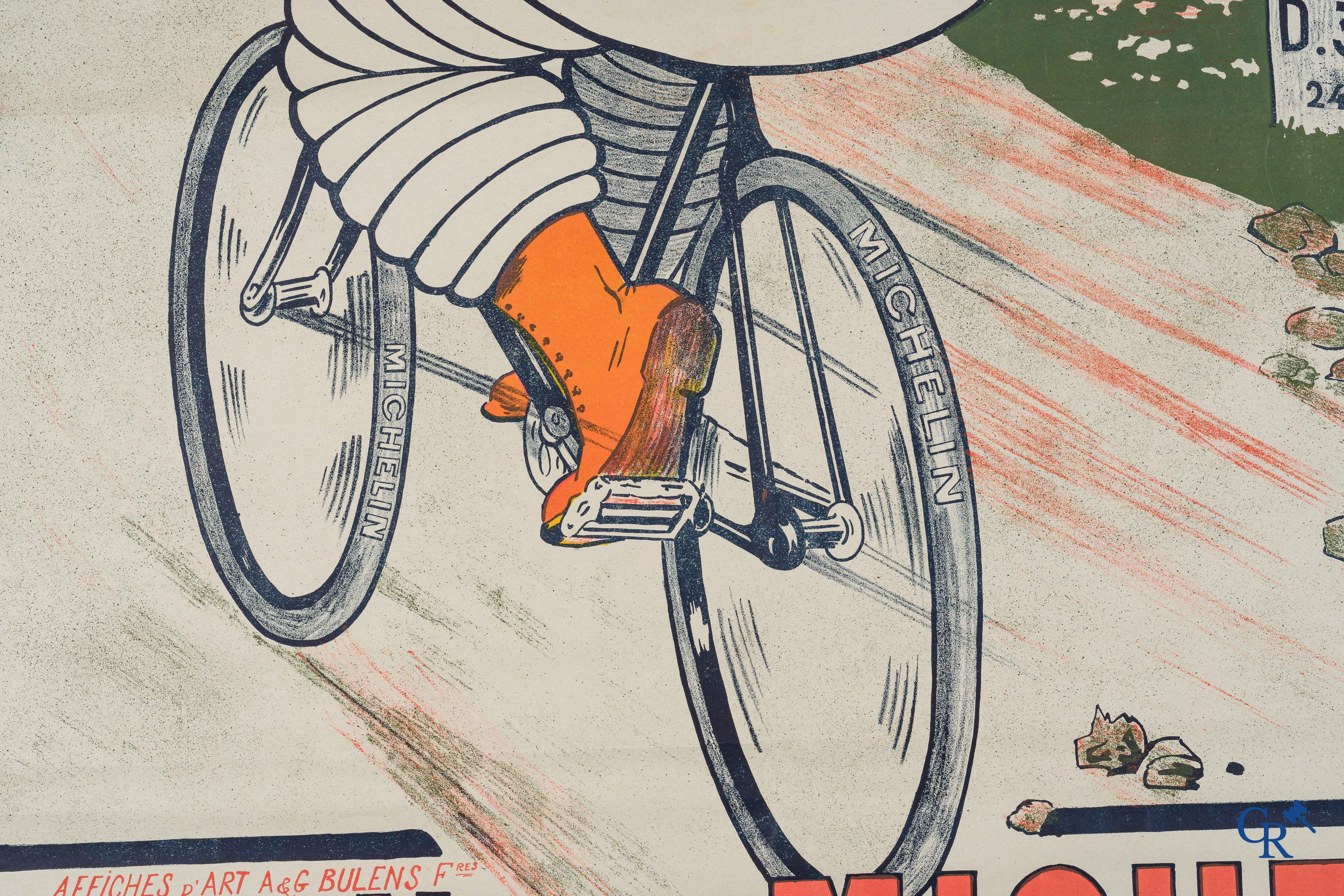 Pneu Vélo Michelin. Poster for bicycle tires Michelin. Rare Belgian edition. Bulens Frères Bruxelles. Circa 1920.