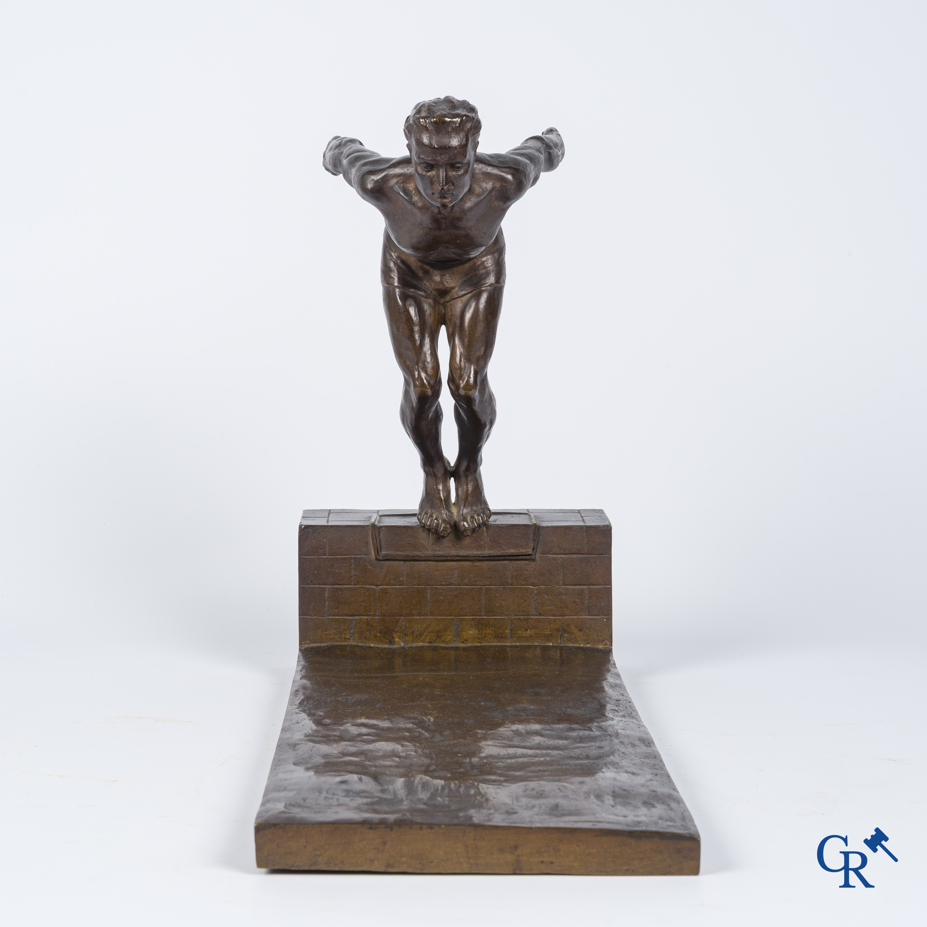 J. Duquet. Art Deco. Bronze statue of a swimmer "The dive" Brown patina. Signed. Circa 1930.