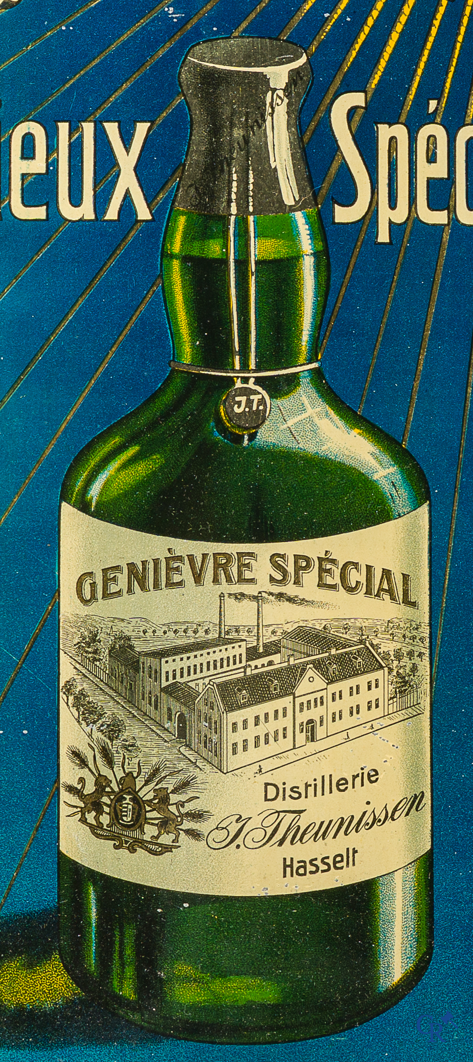 J. Theunissen Hasselt. Publicity in painted metal for Special Old Hasselt Genever. 1920's-30's.