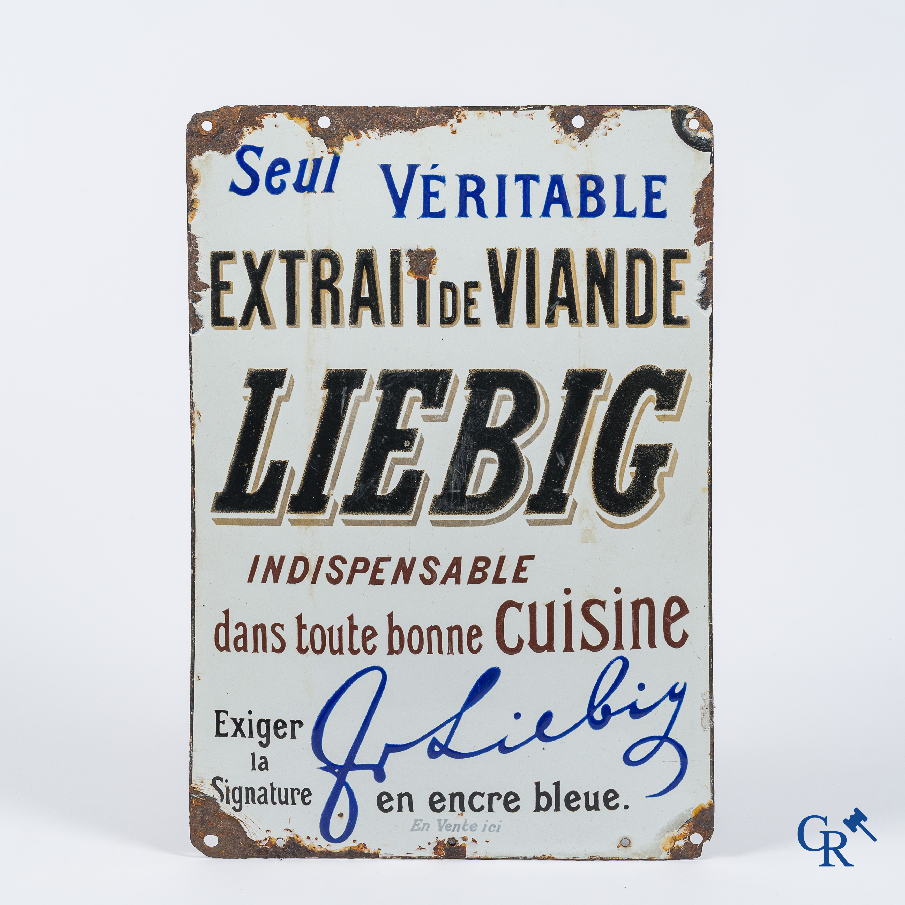 Liebig, Rare set of 2 enamel advertising signs suspended from a cast iron ox-shaped bracket. Around 1900.