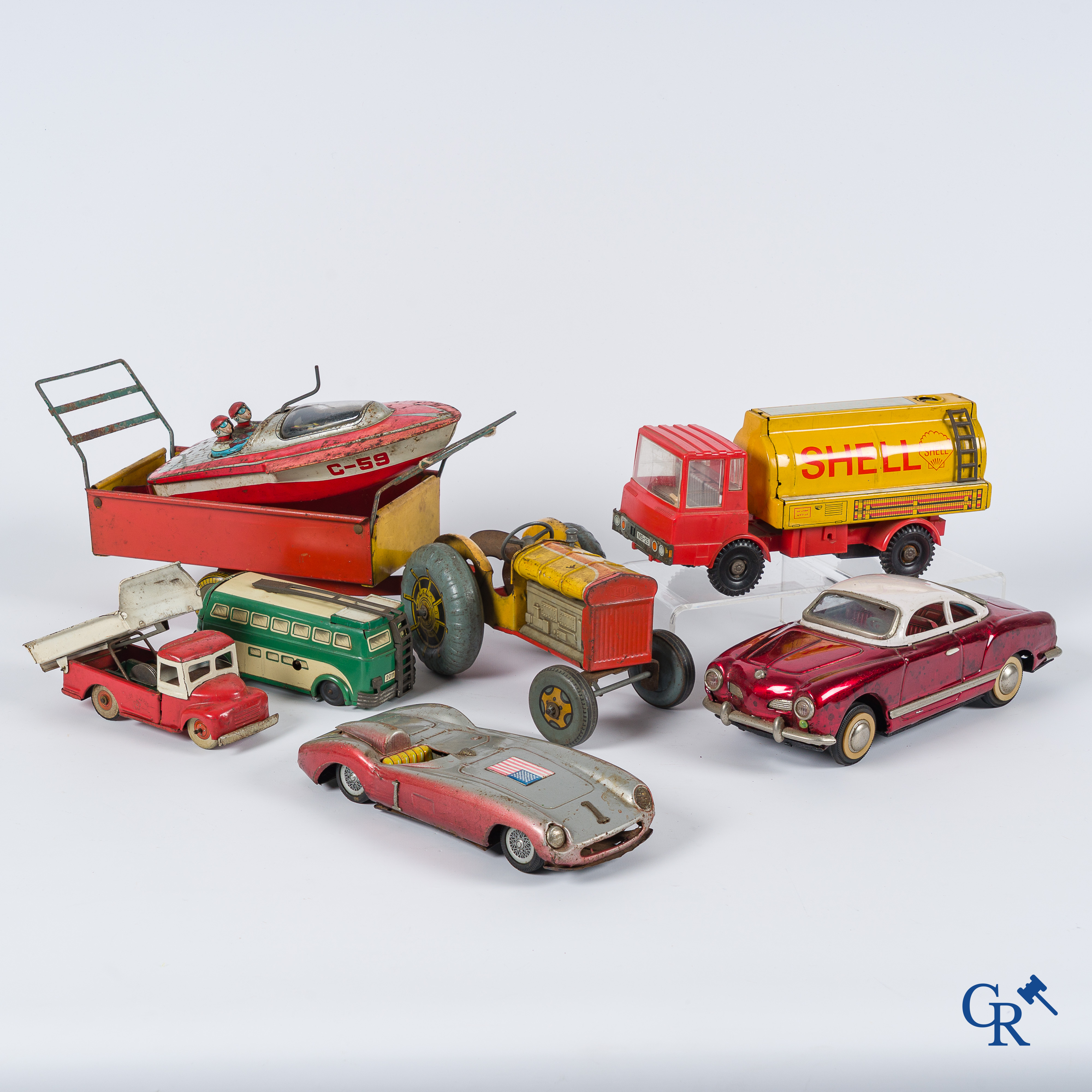Old toys. Beautiful lot tin toys. Japan (Ferrari), Joustra, Falcon speedboat, Modern Toys, etc.