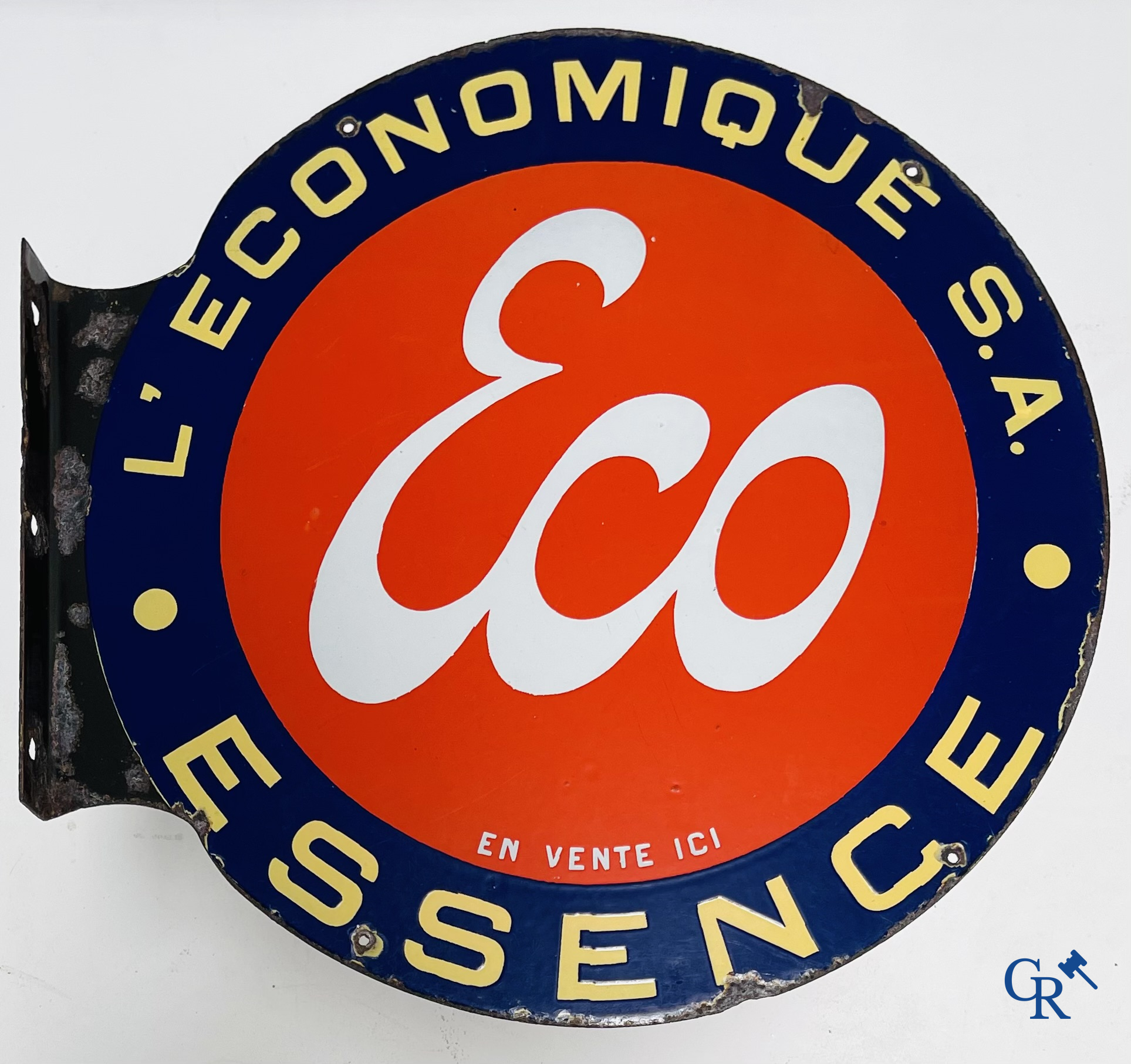 Eco. Dubbelzijdig geëmailleerd publiciteitsbord voor benzine van de Société Anonyme l'Economique. Jaren '20-'30.