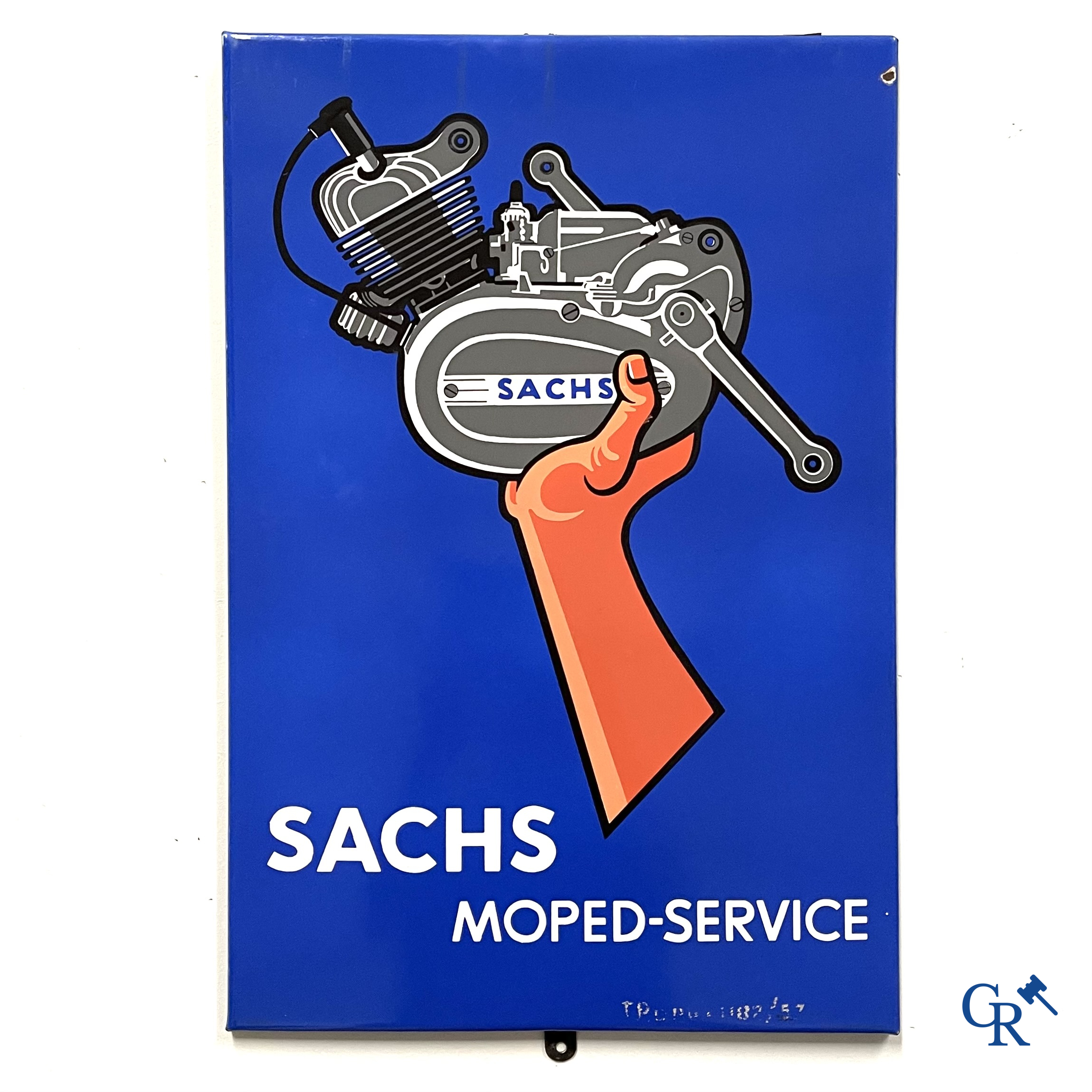 Sachs Moped-service, Enamel advertising sign for Sachs motorcycles. Titan-Email, Münchener Emaillierwerk.