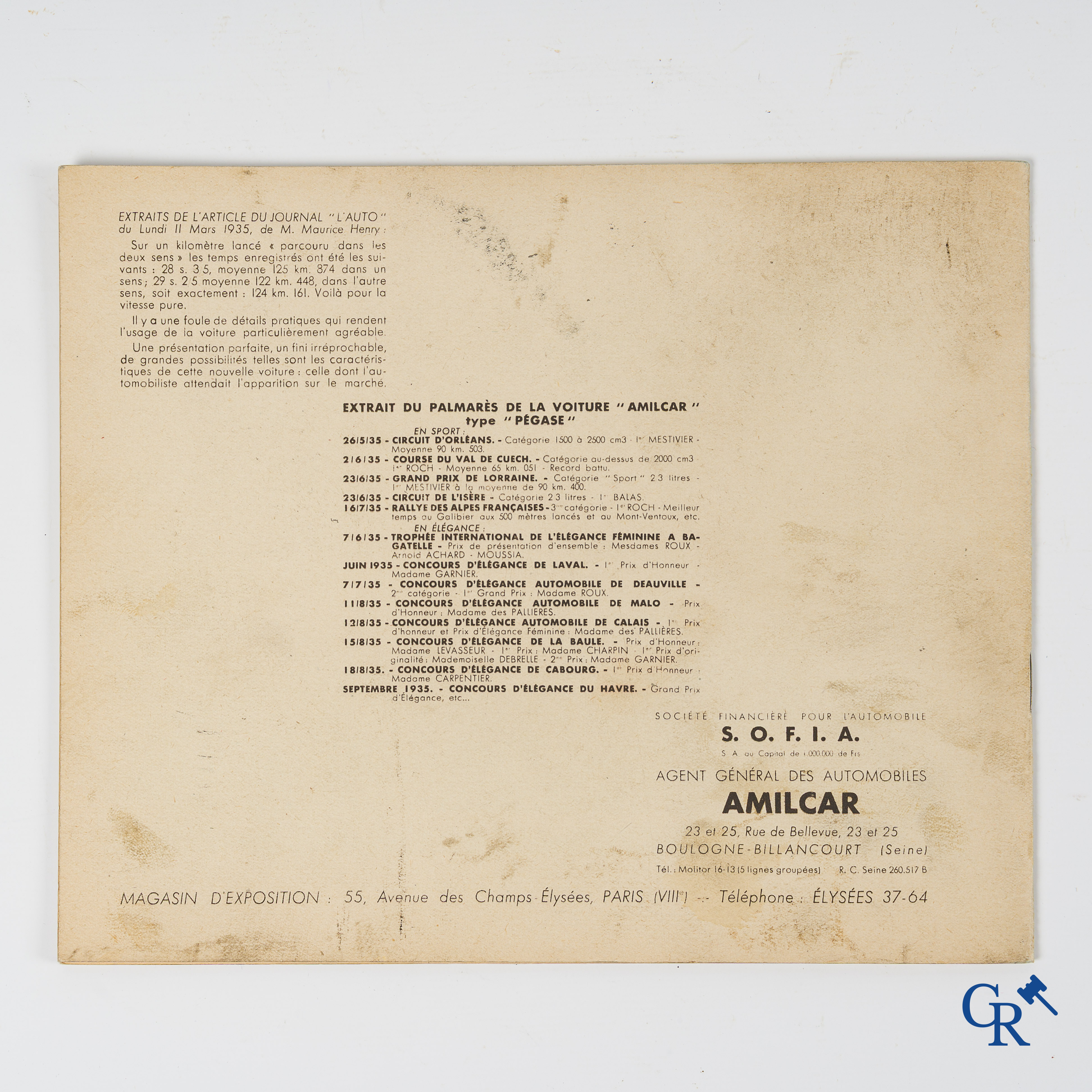 Automobilia. Géo Ham for Amilcar. Original publicity leaflet for Amilcar, modèles Pégase. 1935-1936.