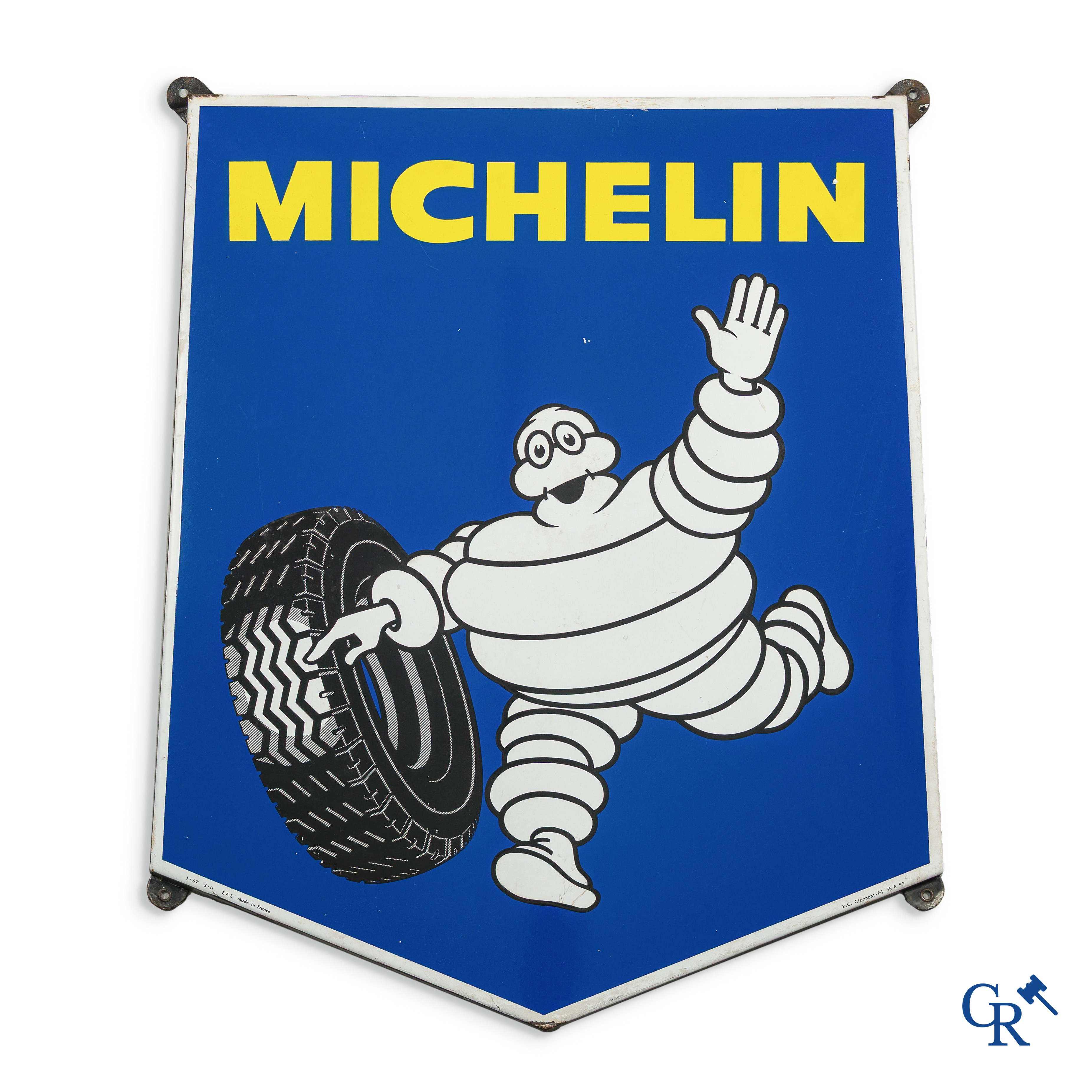 Michelin, Clermont-Ferrand. Enamel advertising sign with Bibendum for Michelin tyres. 1950's.