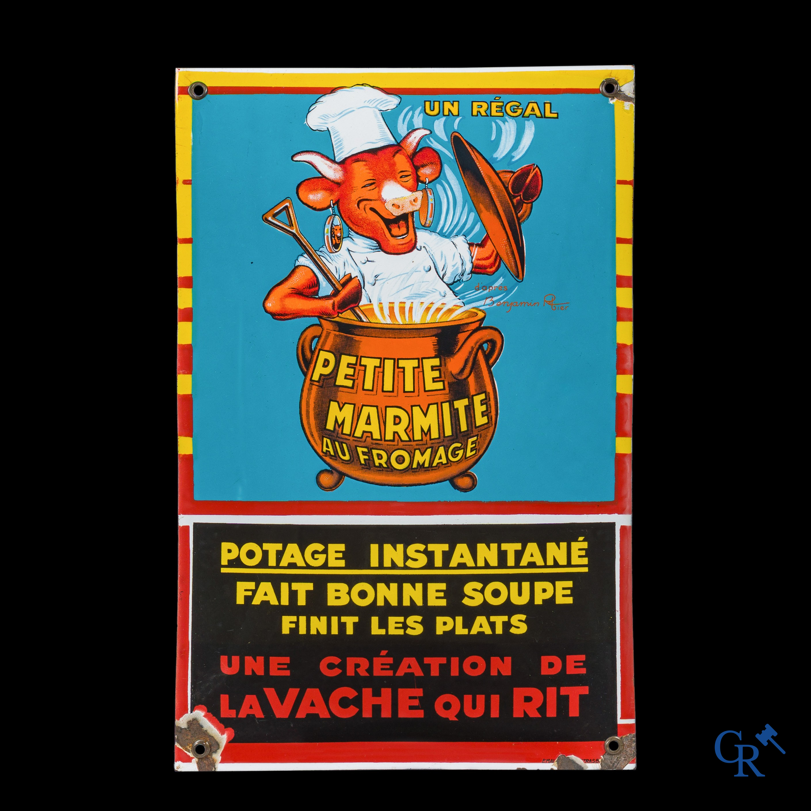 La Vache Qui Rit, rare enamel advertising sign. "Petite Marmite" after a design by Benjamin Rabier, circa 1930.