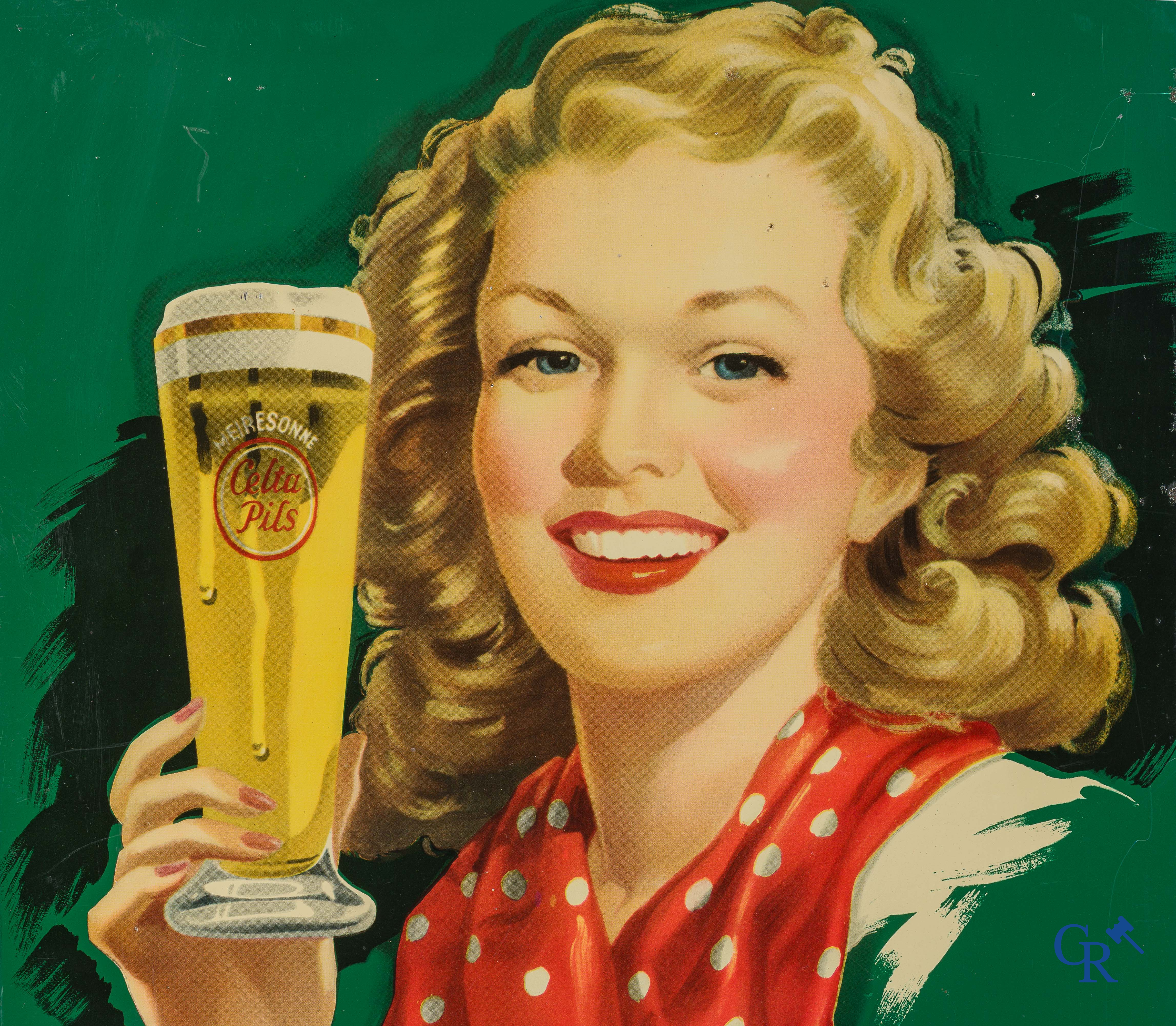 Celta-Pils. Publicity sign in painted metal for the beers of Brewery Meiresonne in Ghent. 1950.