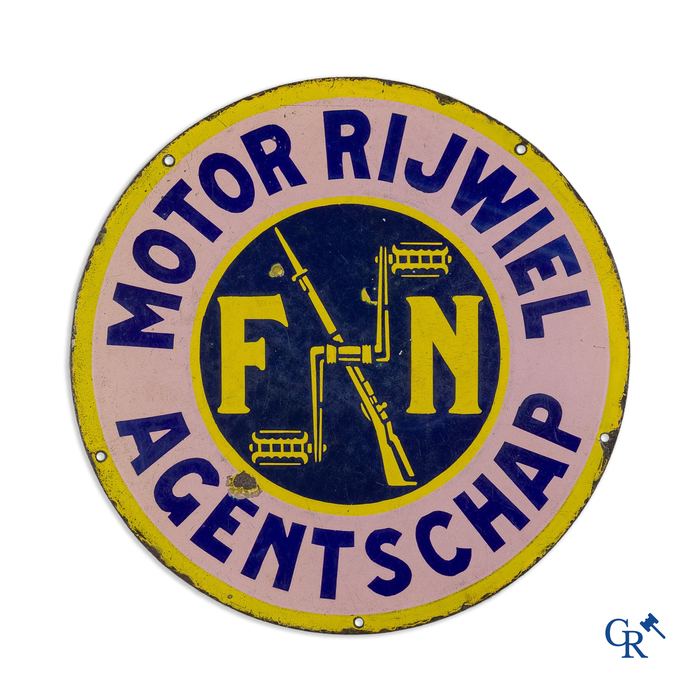 Fabrique Nationale Herstal. Double-sided enamel publicity signboard for motorcycles FN. Rare Dutch version. Circa 1910-1920.