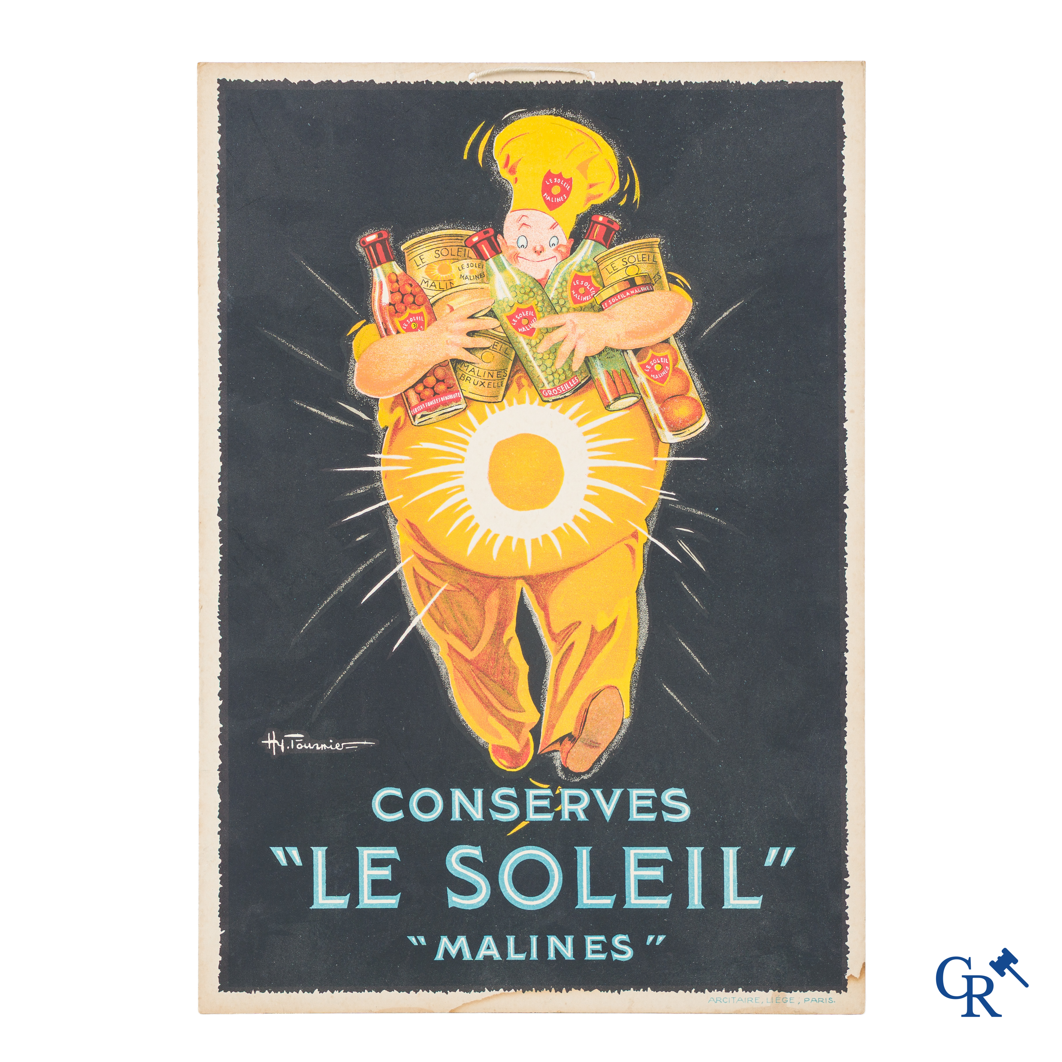 Conserves "Le Soleil" Malines, Publicity on cardboard. Arcitaire, Liége, Paris. Signed Henry Fournier.