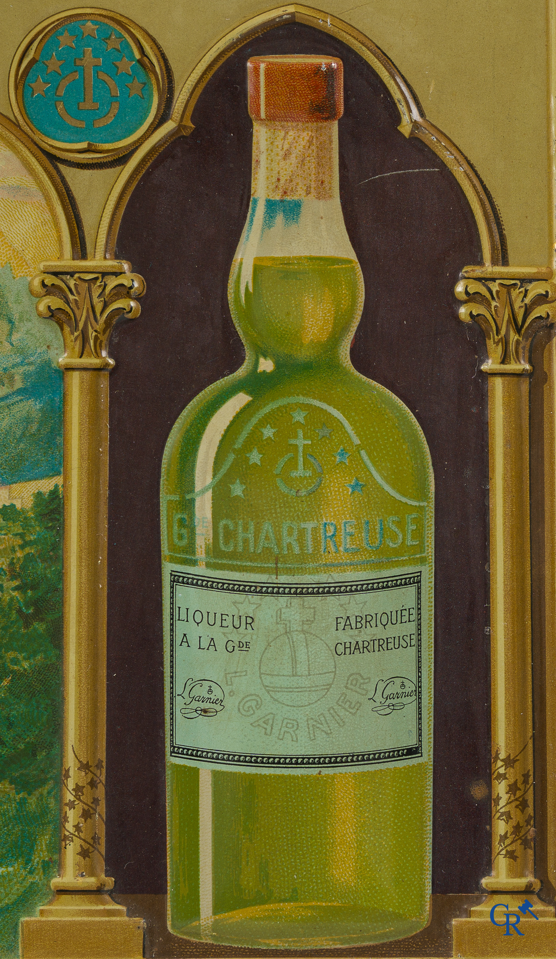 L. Garnier. Publicity sign in painted metal for the Liqueurs & Elixir de la Grande Chartreuse.