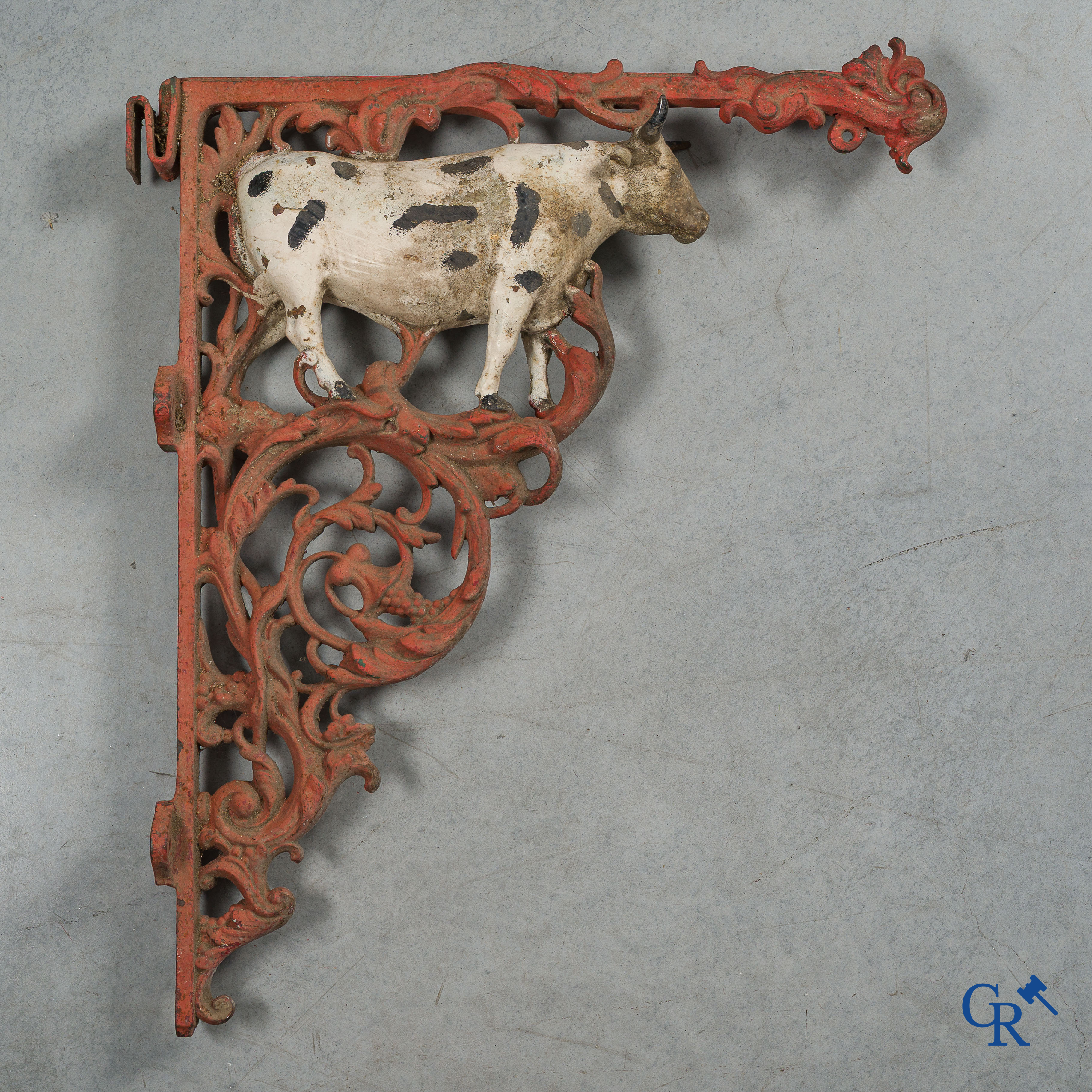 Liebig, Rare set of 2 enamel advertising signs suspended from a cast iron ox-shaped bracket. Around 1900.
