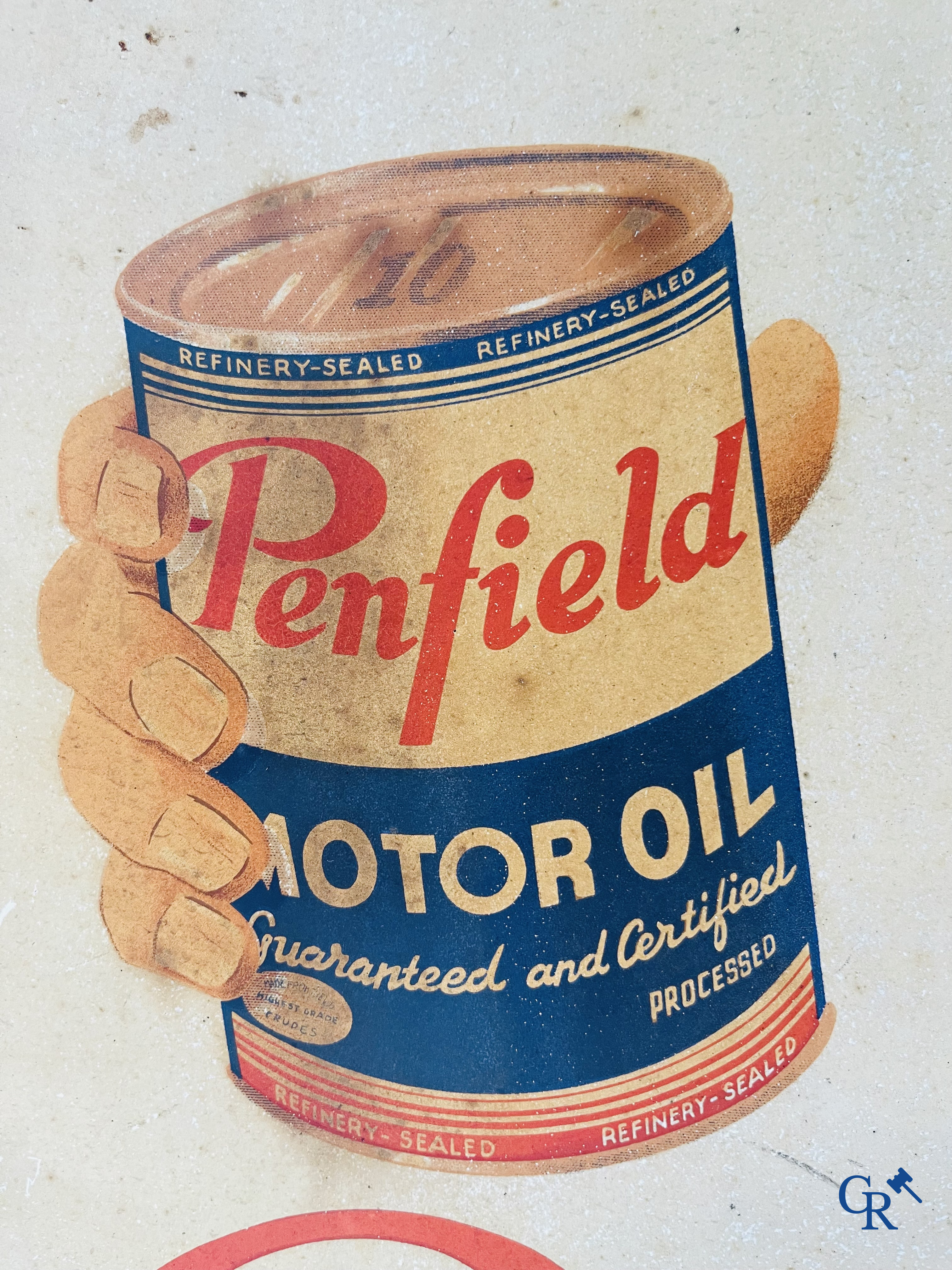 Penfield, 100% Pure Pennsylvania Motor Oil. Publiciteit op blik voor motorolie. Gesigneerd Decock 1947.